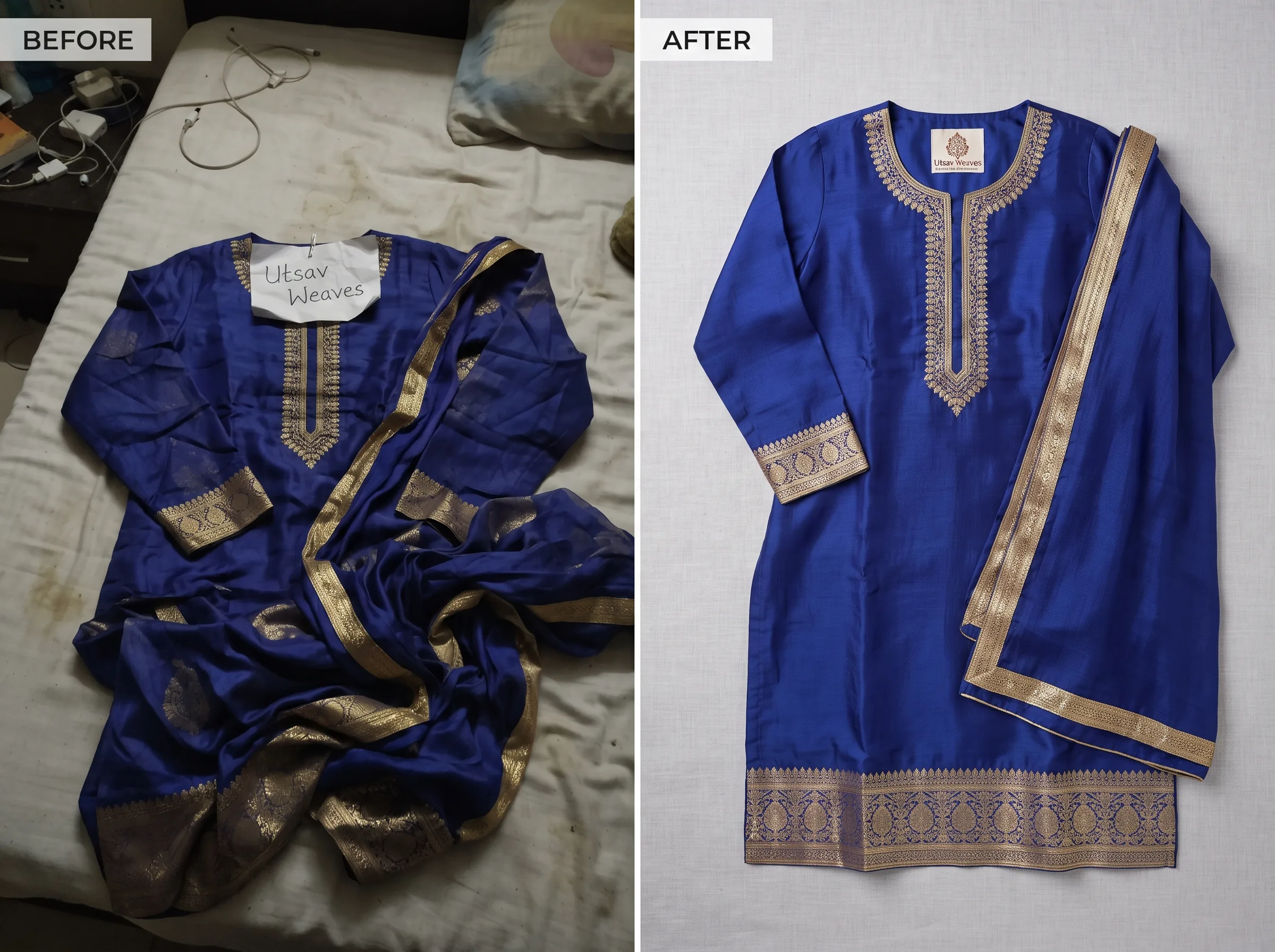 Before and after transformation of a festive silk kurta set product photo using Scalio AI
