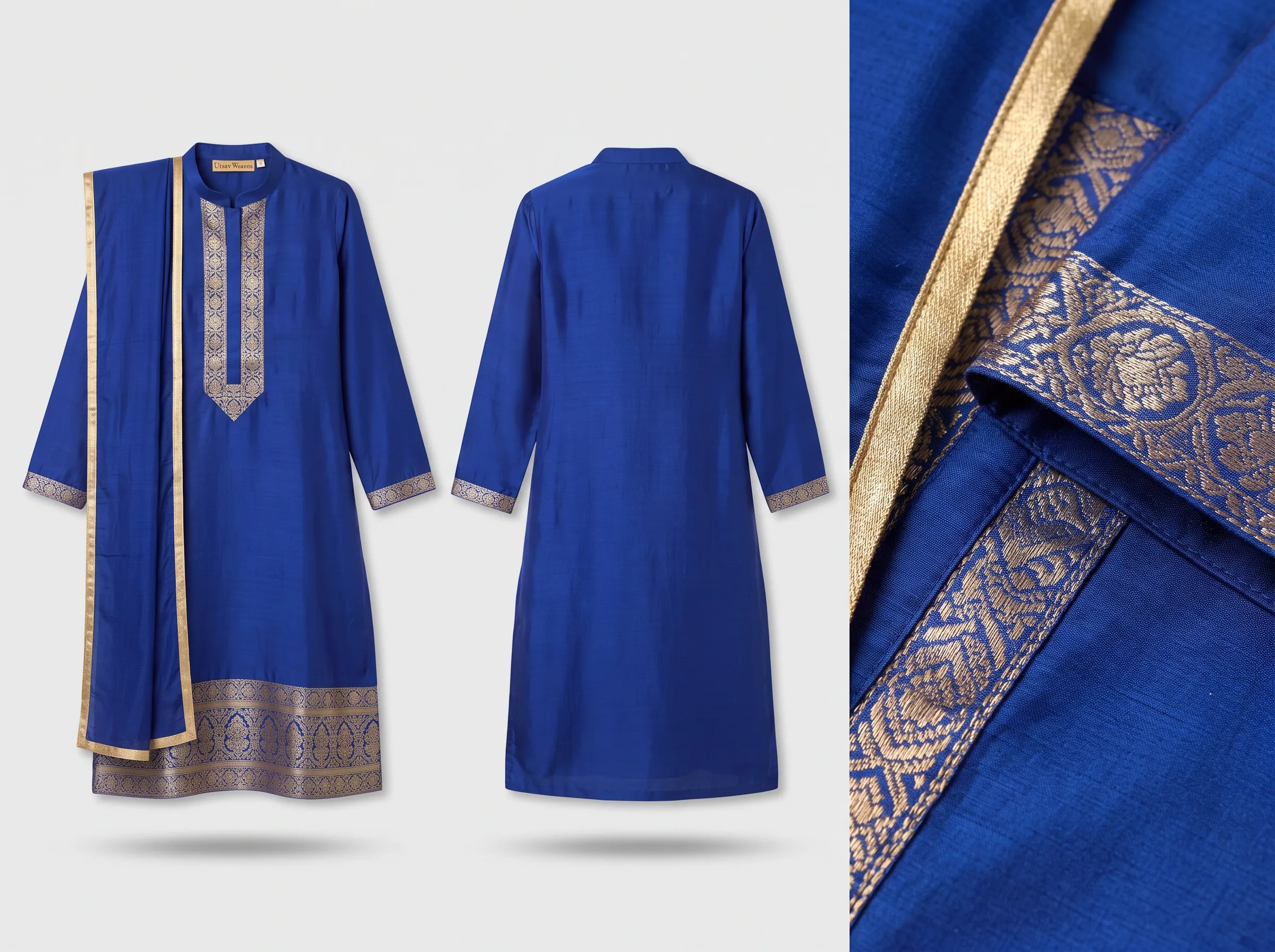 Multiple AI-generated angles of a festive silk kurta set showing fabric texture and construction detail