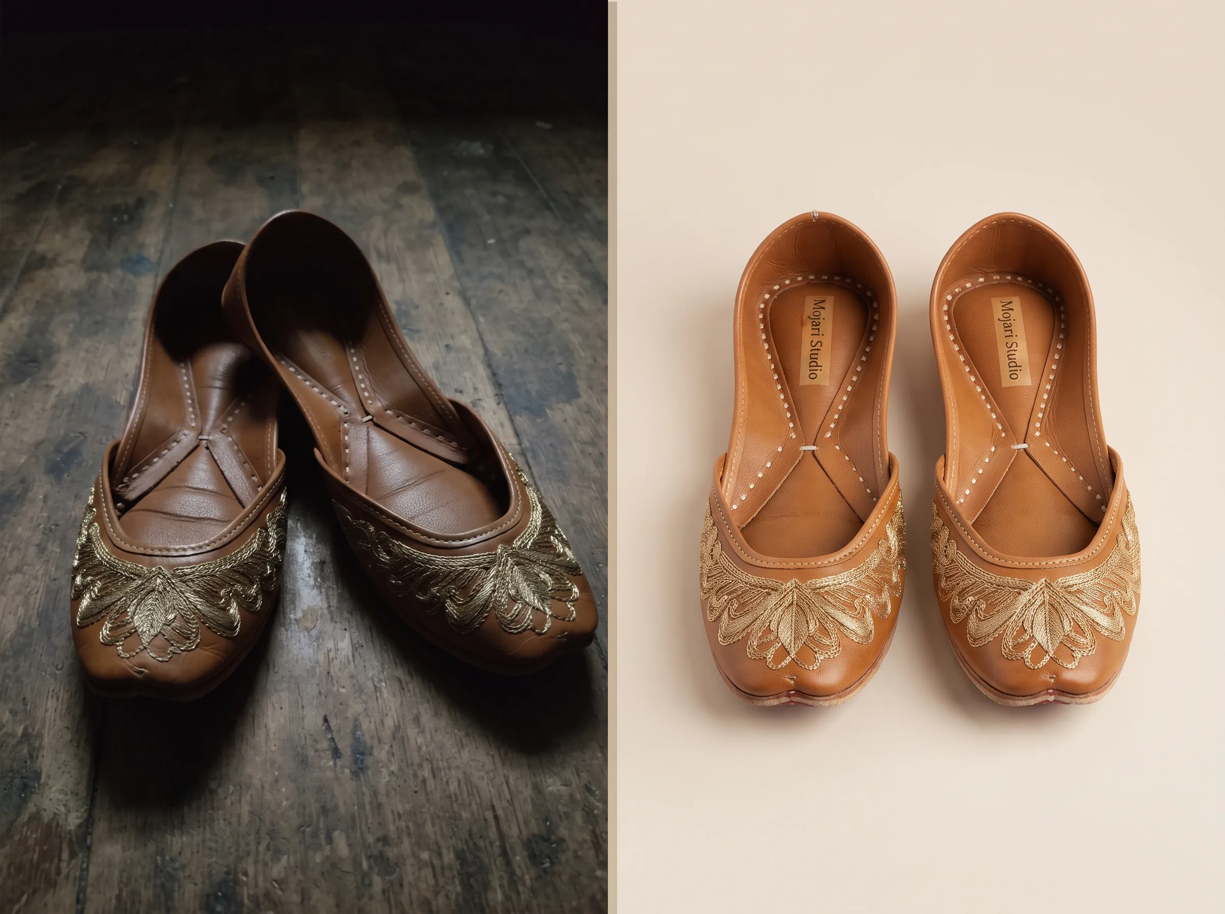 Before and after transformation of a footwear (leather juttis) product photo using Scalio AI