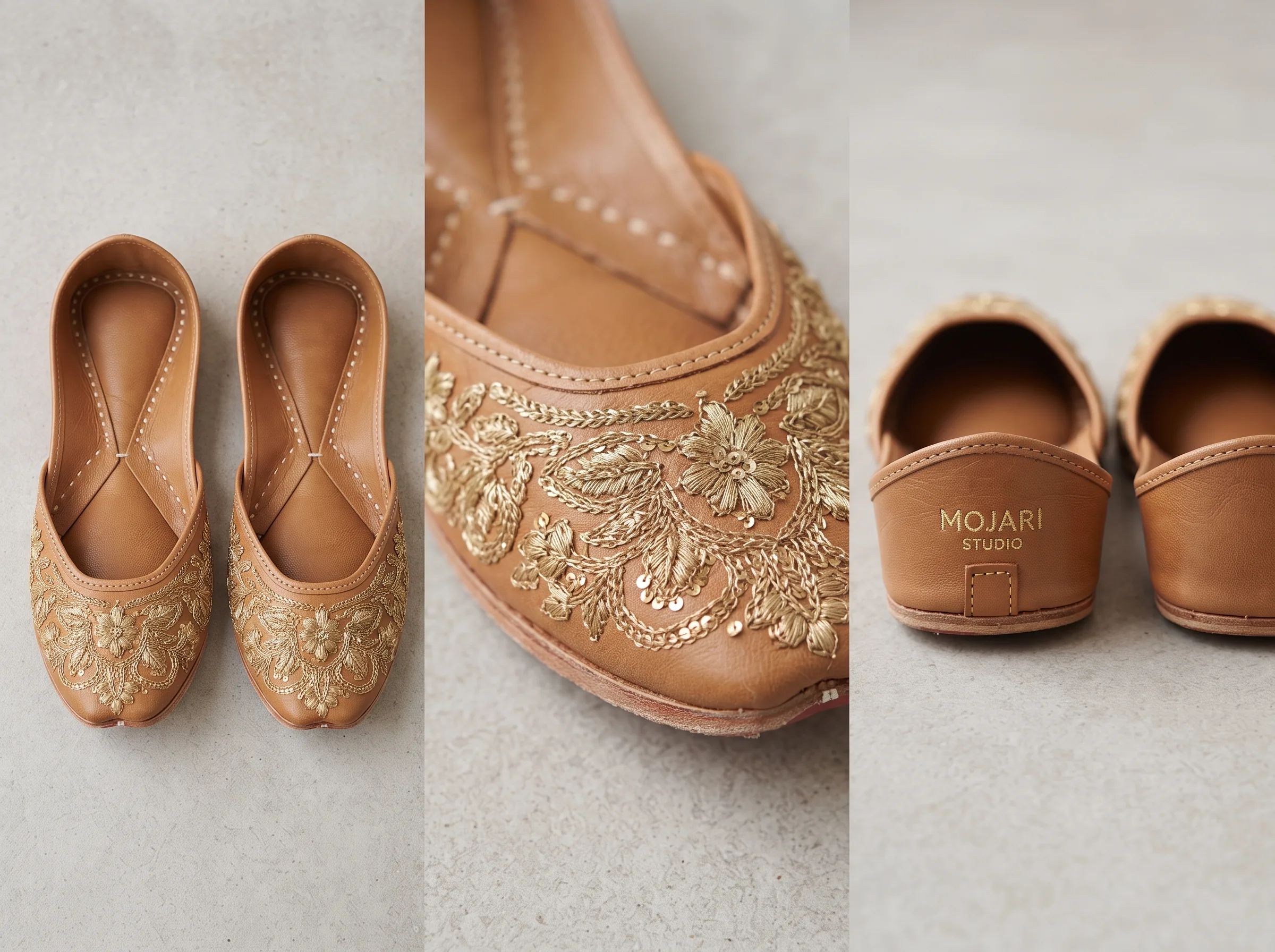 Multiple AI-generated angles of a footwear (leather juttis) showing fabric texture and construction detail