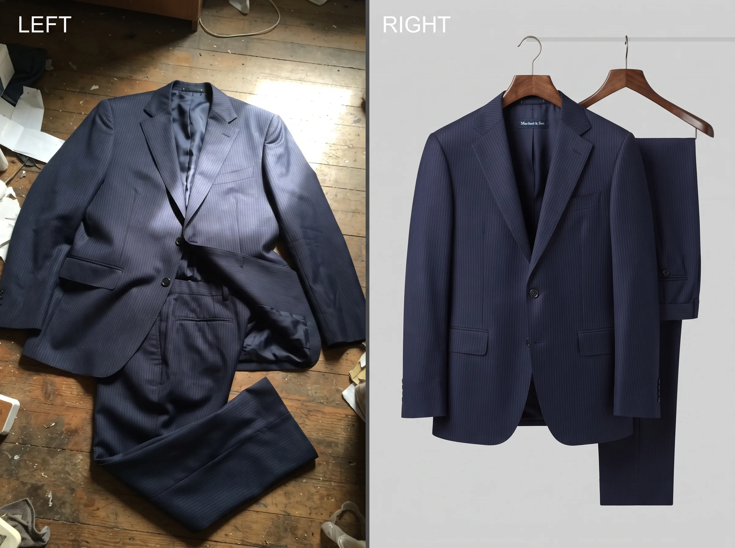 Before and after transformation of a formal wear (suit) product photo using Scalio AI