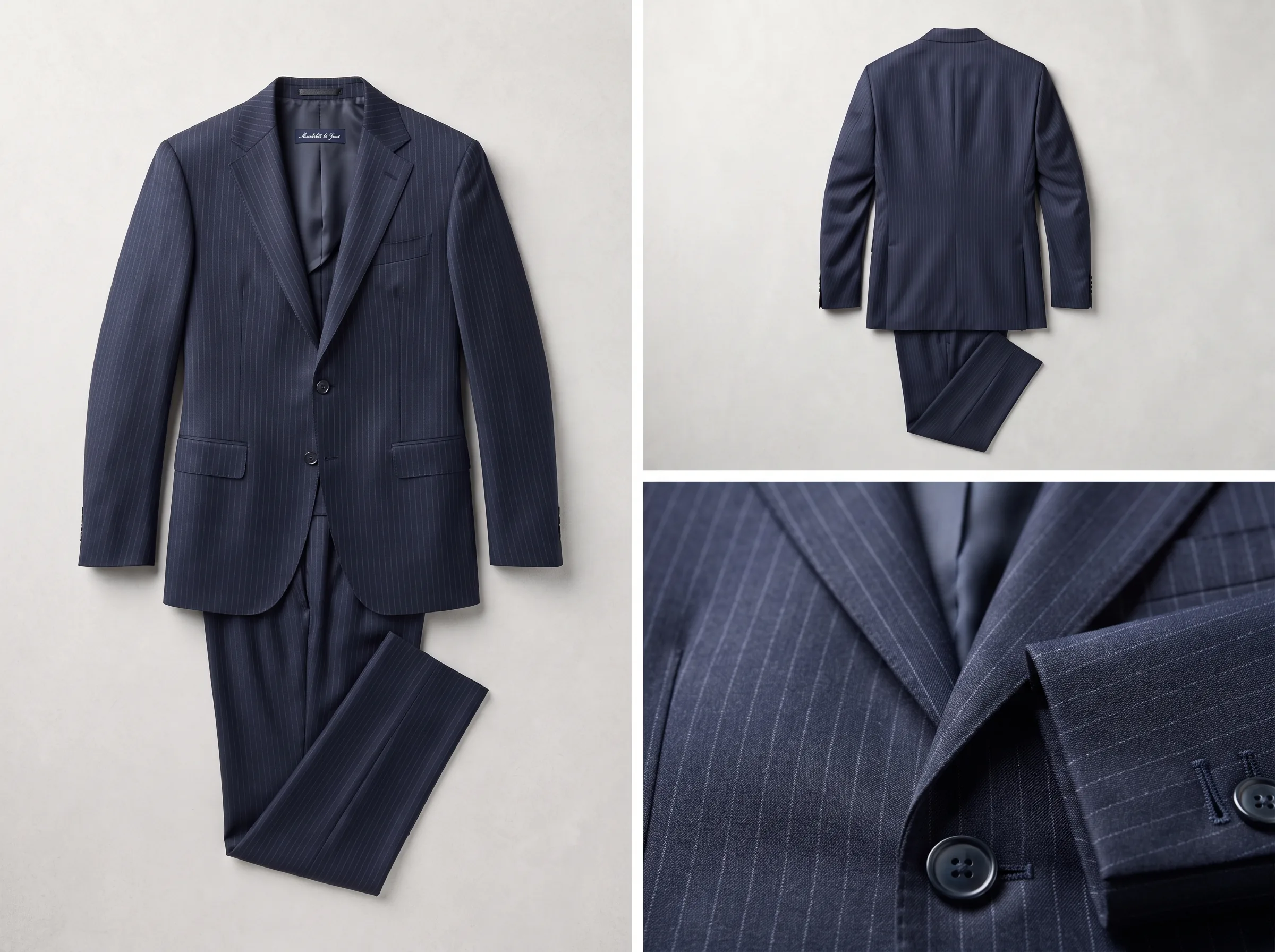 Multiple AI-generated angles of a formal wear (suit) showing fabric texture and construction detail
