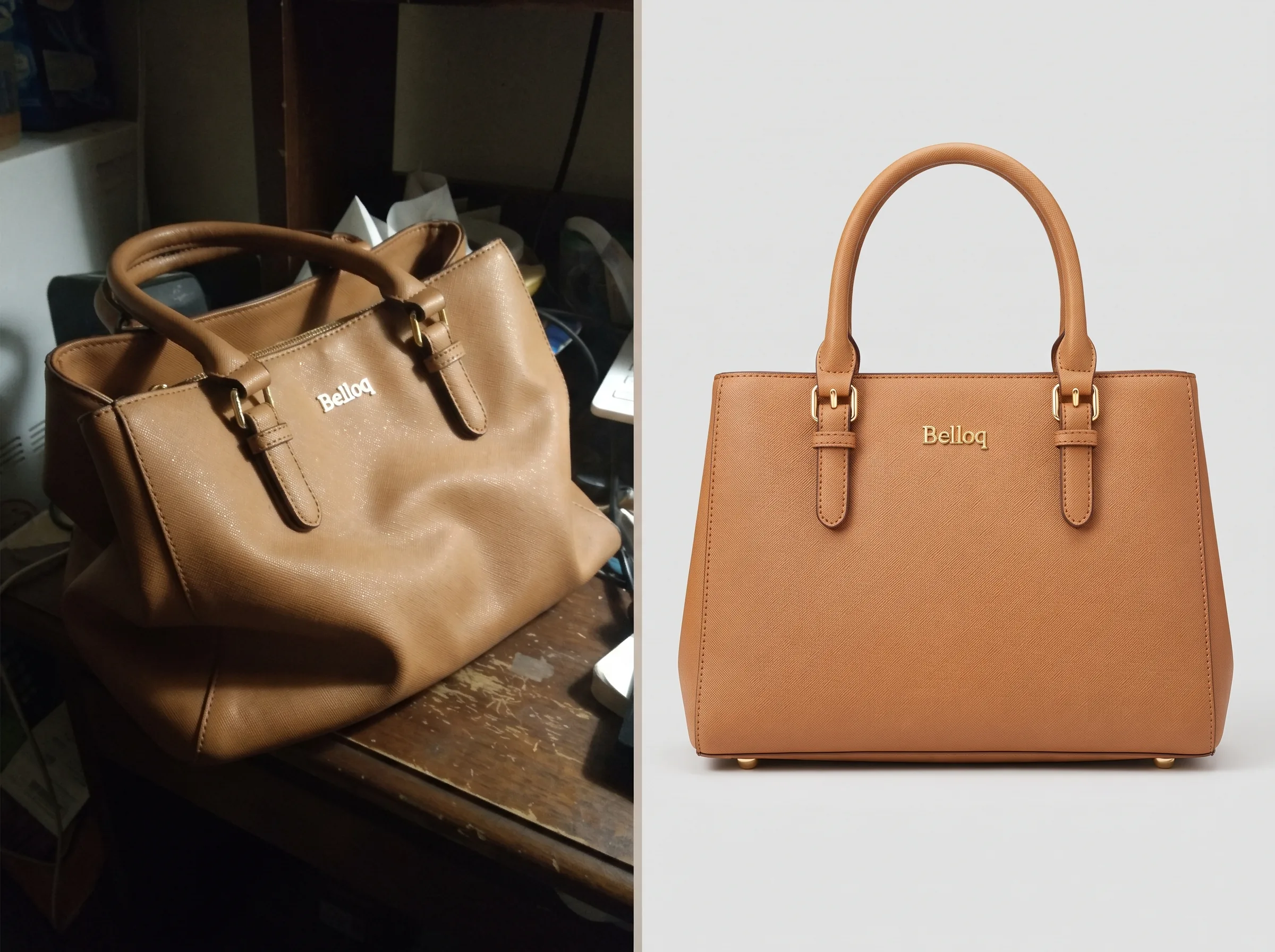 Before and after transformation of a handbag product photo using Scalio AI