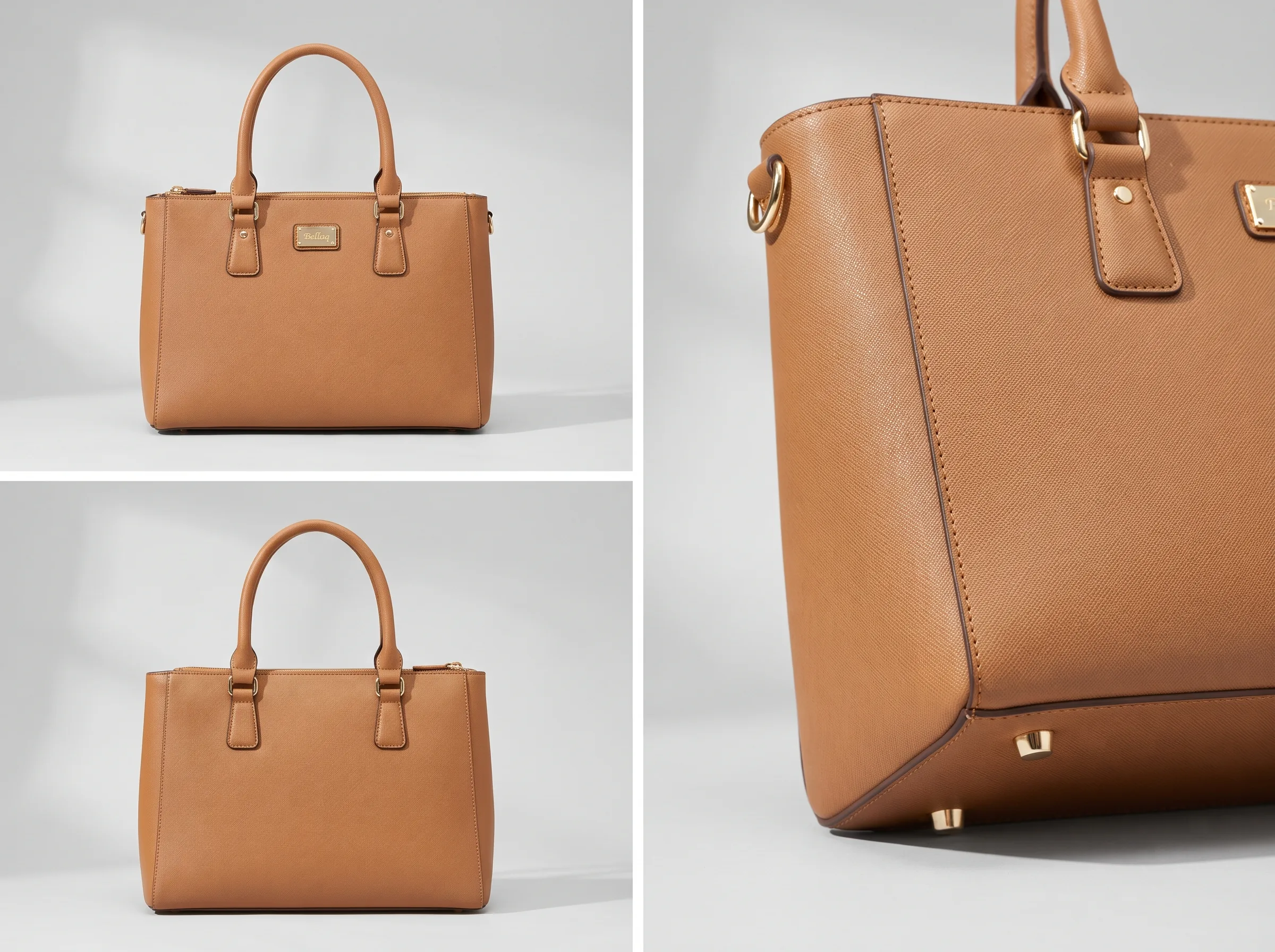 Multiple AI-generated angles of a handbag showing fabric texture and construction detail