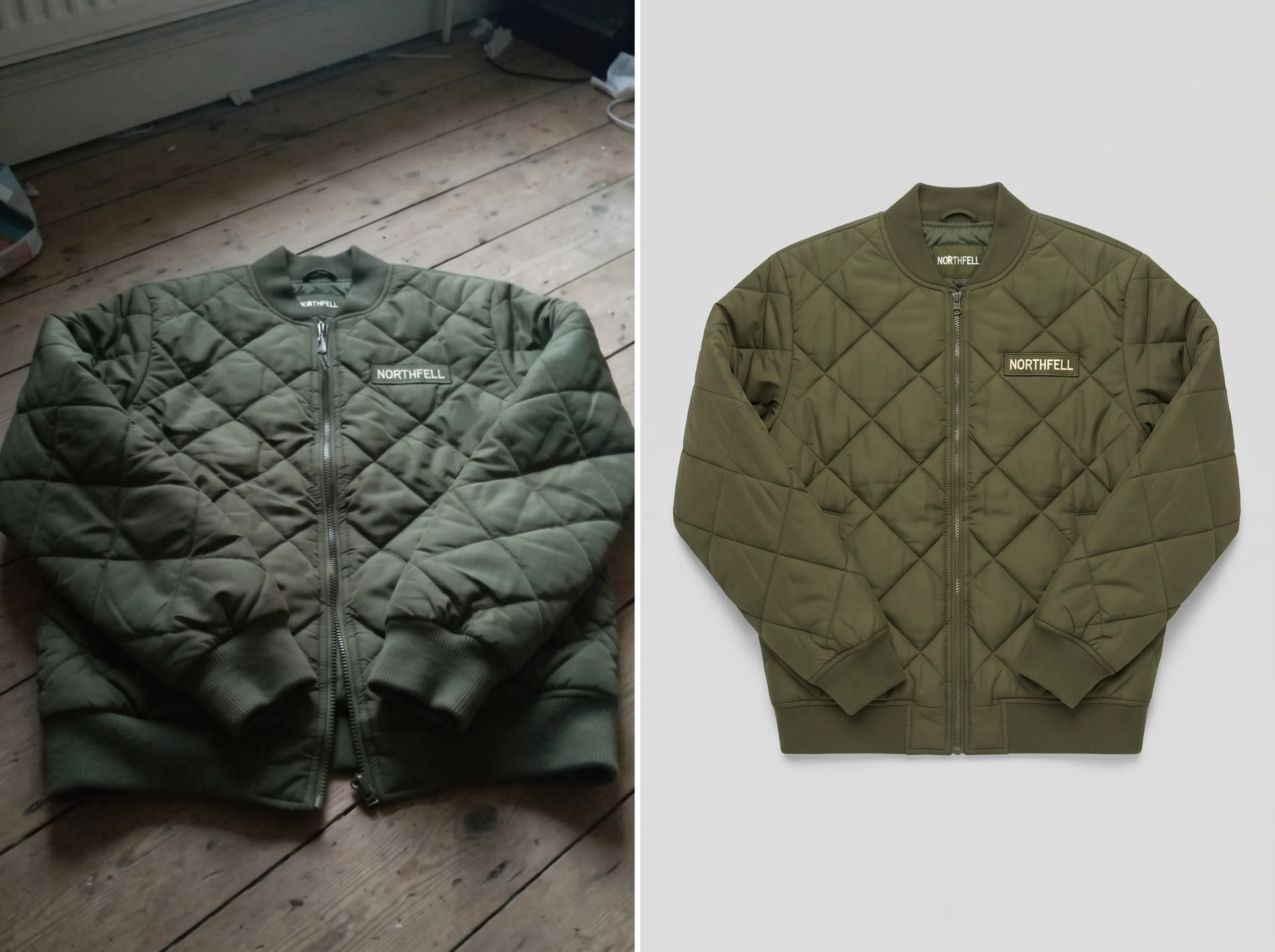 Before and after transformation of a jacket product photo using Scalio AI