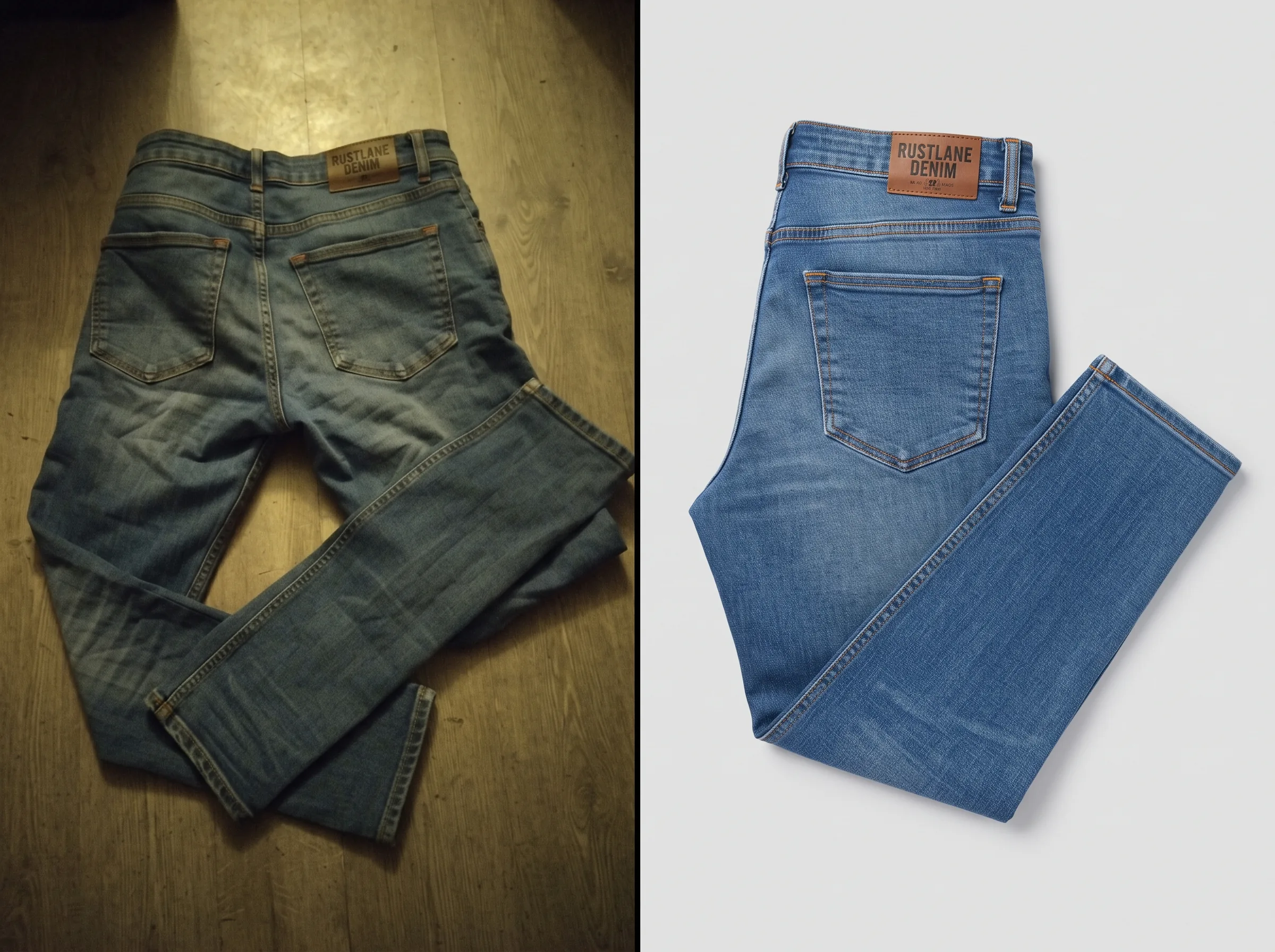 Before and after transformation of a jeans product photo using Scalio AI
