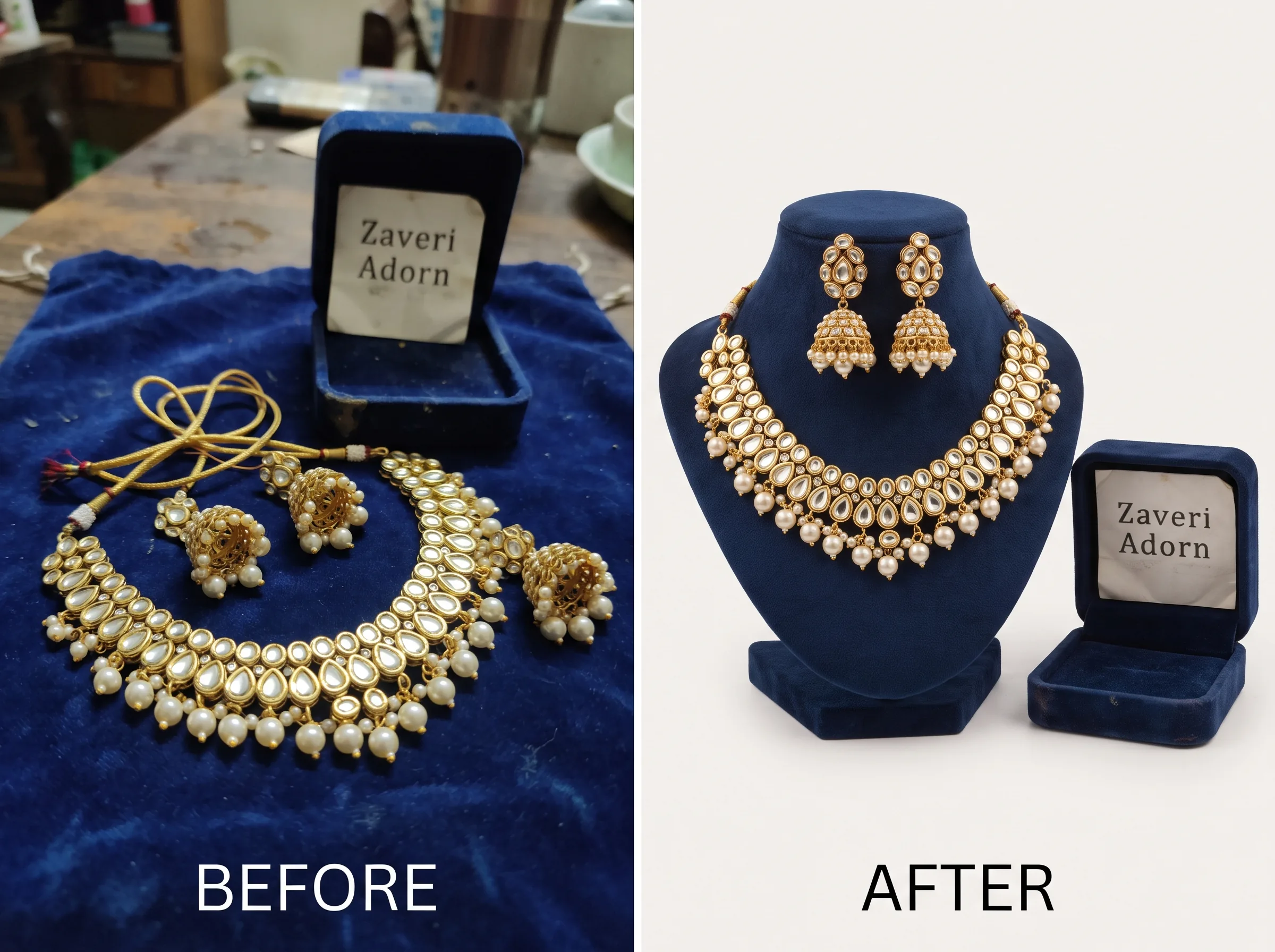 Before and after transformation of a jewelry (kundan necklace set) product photo using Scalio AI