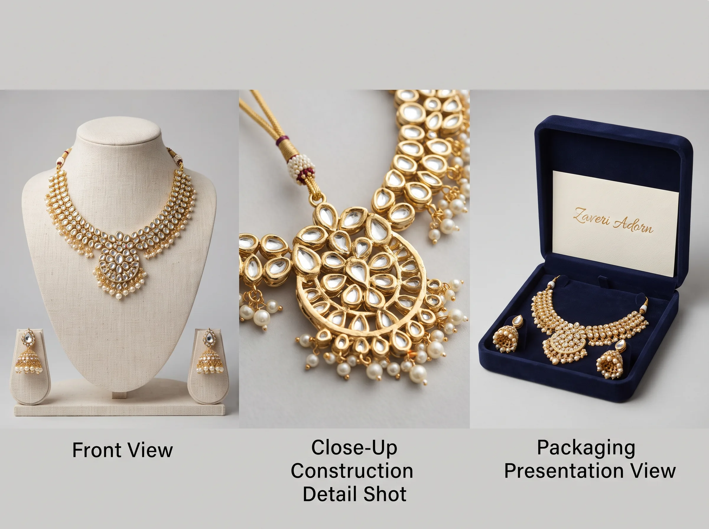 Multiple AI-generated angles of a jewelry (kundan necklace set) showing fabric texture and construction detail