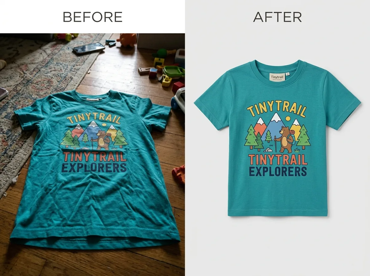 Before and after transformation for a colorful children's printed t-shirt
