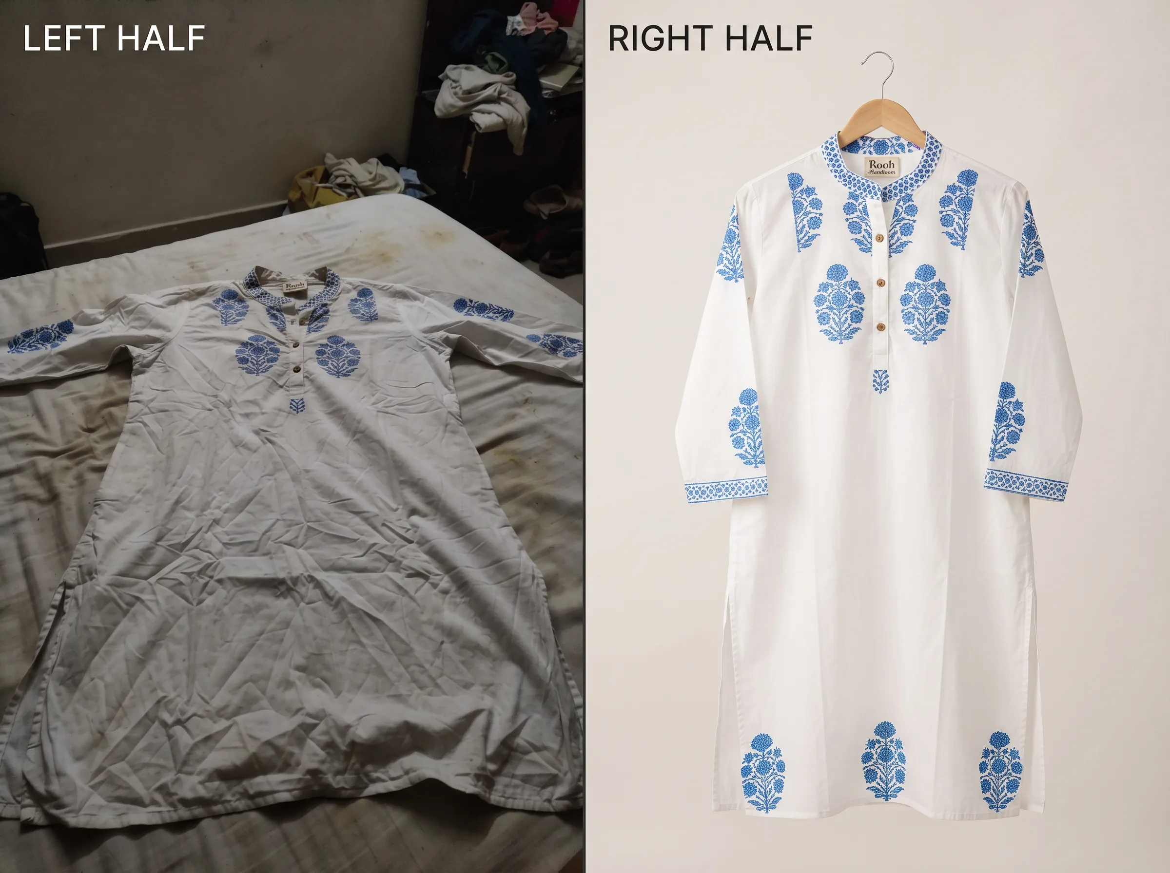 Before and after transformation of a kurta product photo using Scalio AI