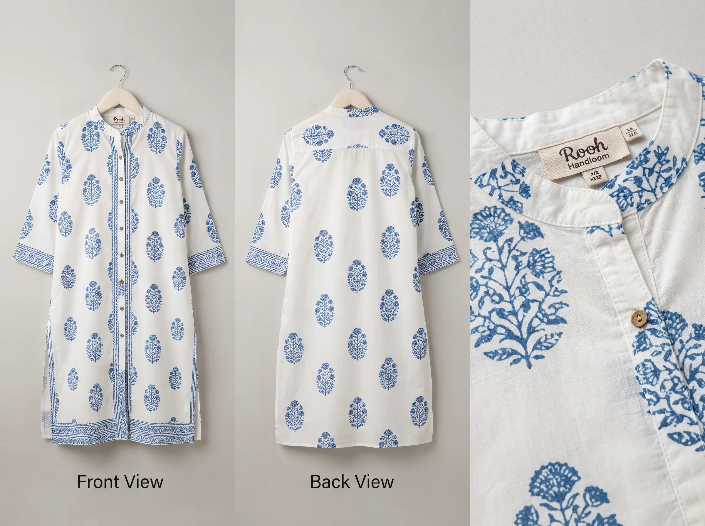 Multiple AI-generated angles of a kurta showing fabric texture and construction detail