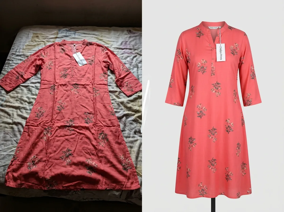 Before and after transformation of a kurti product photo using Scalio AI