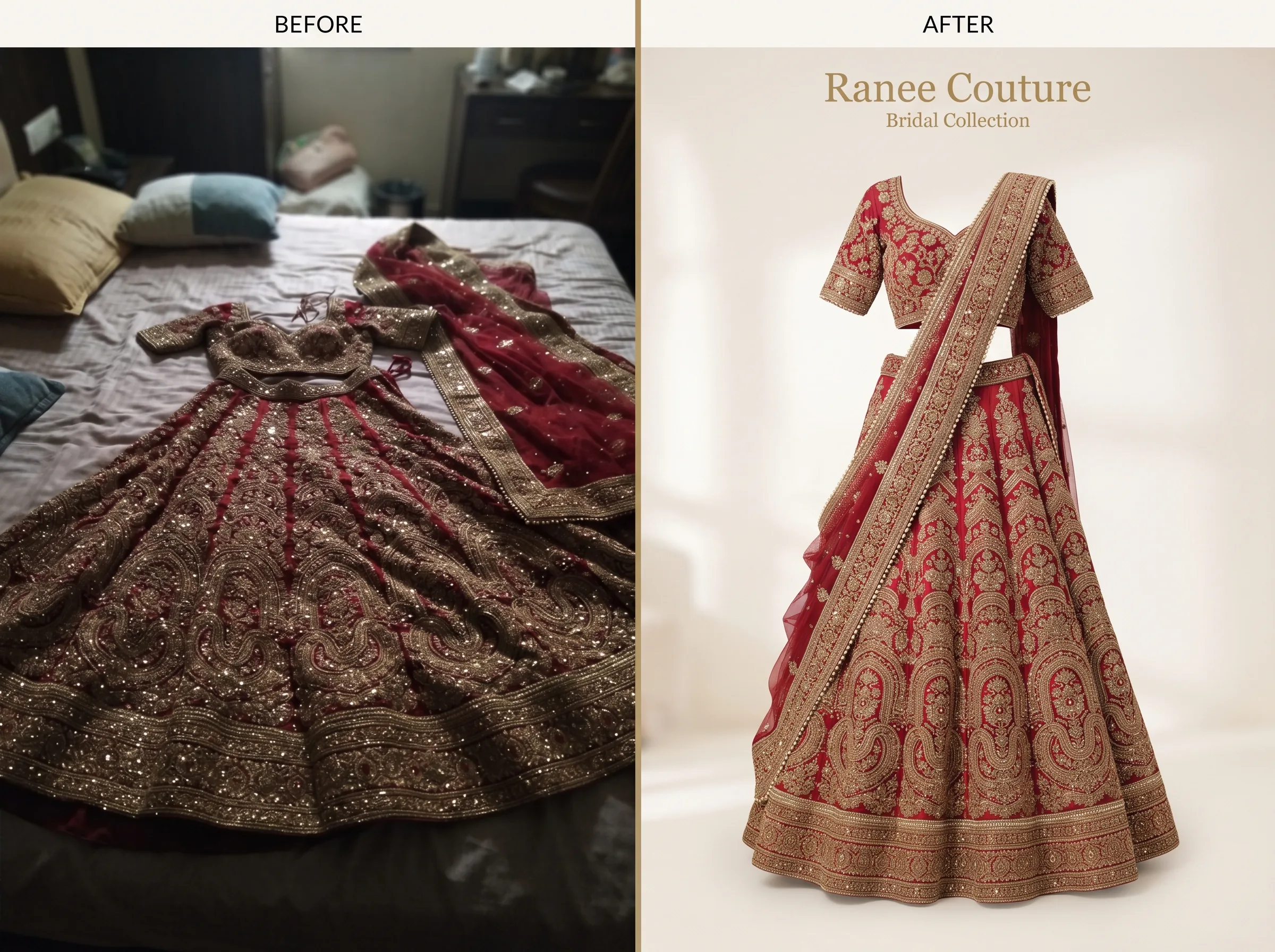 Before and after transformation for an embellished bridal lehenga with dupatta