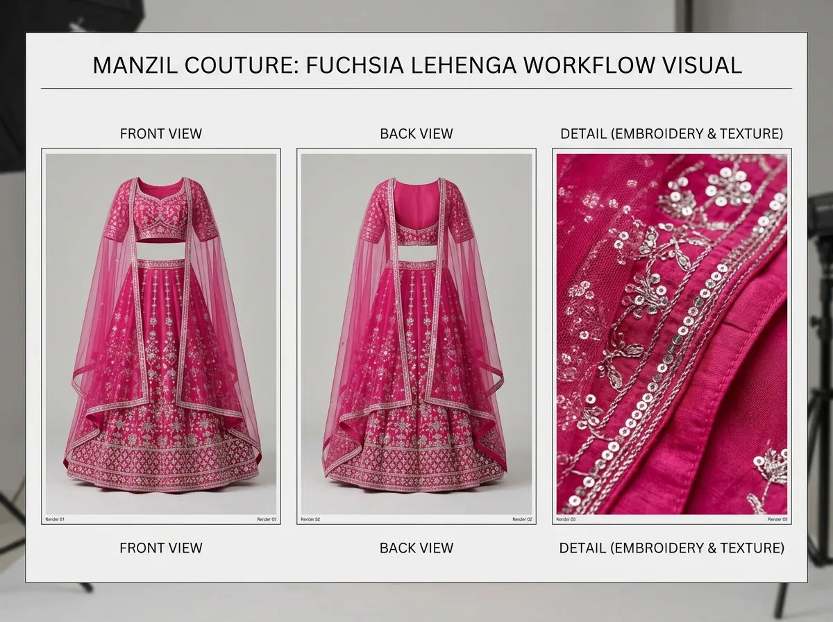 AI-generated workflow visual for an embellished bridal lehenga with dupatta