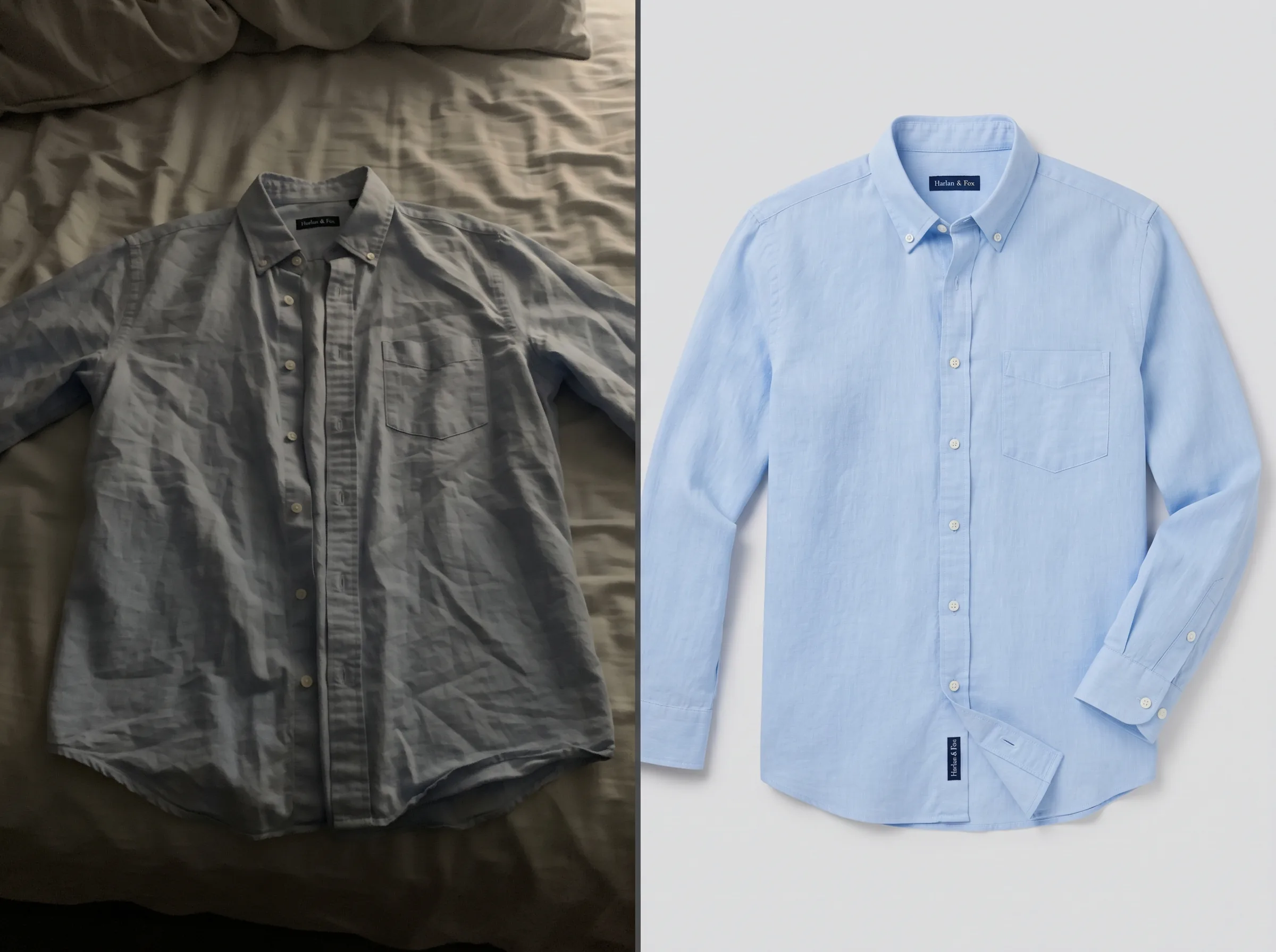 Before and after transformation of a menswear (casual shirt) product photo using Scalio AI