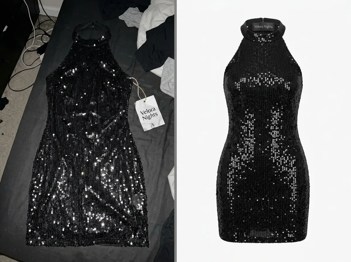 Before and after transformation of a party wear (sequin dress) product photo using Scalio AI