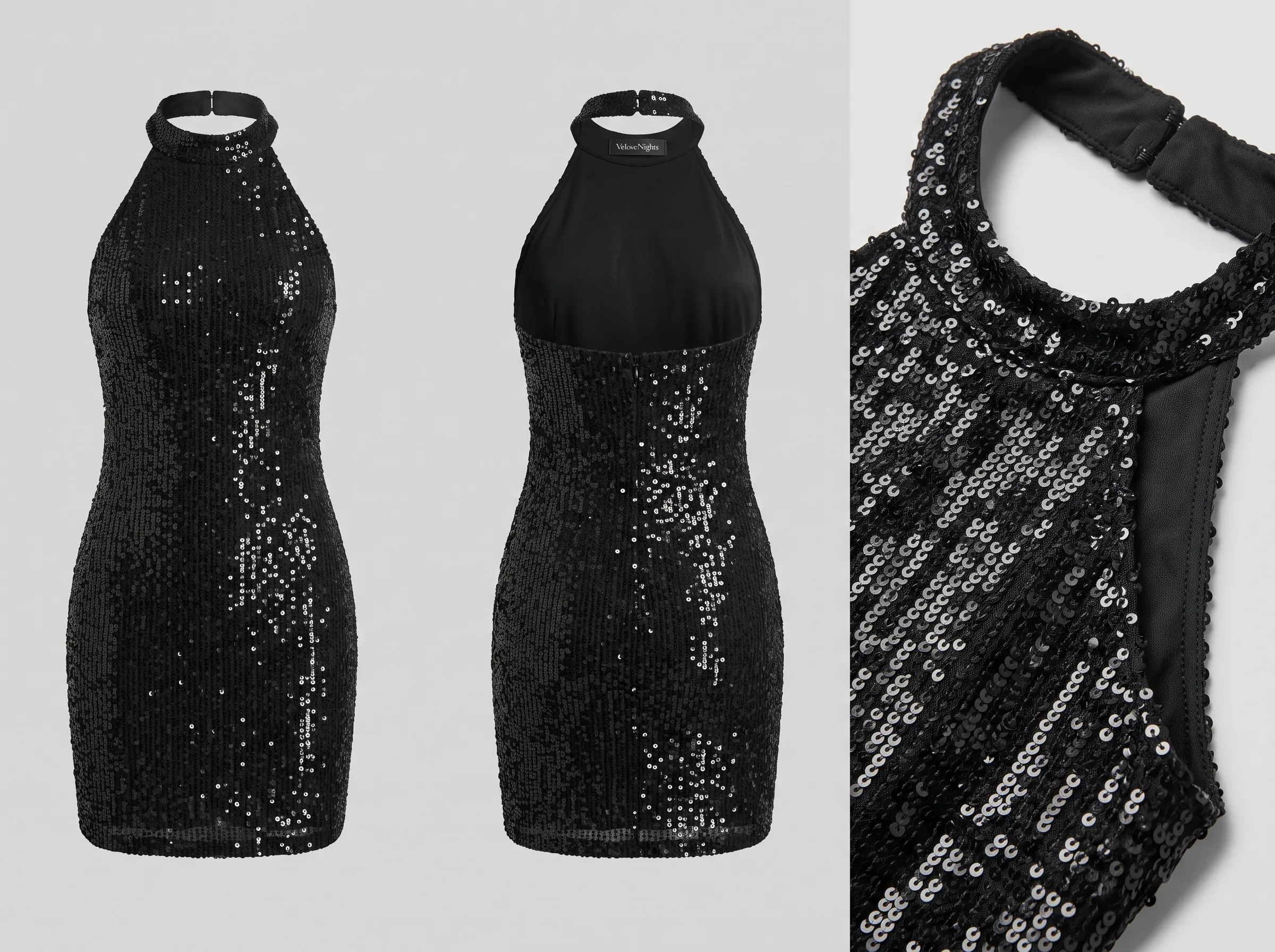 Multiple AI-generated angles of a party wear (sequin dress) showing fabric texture and construction detail
