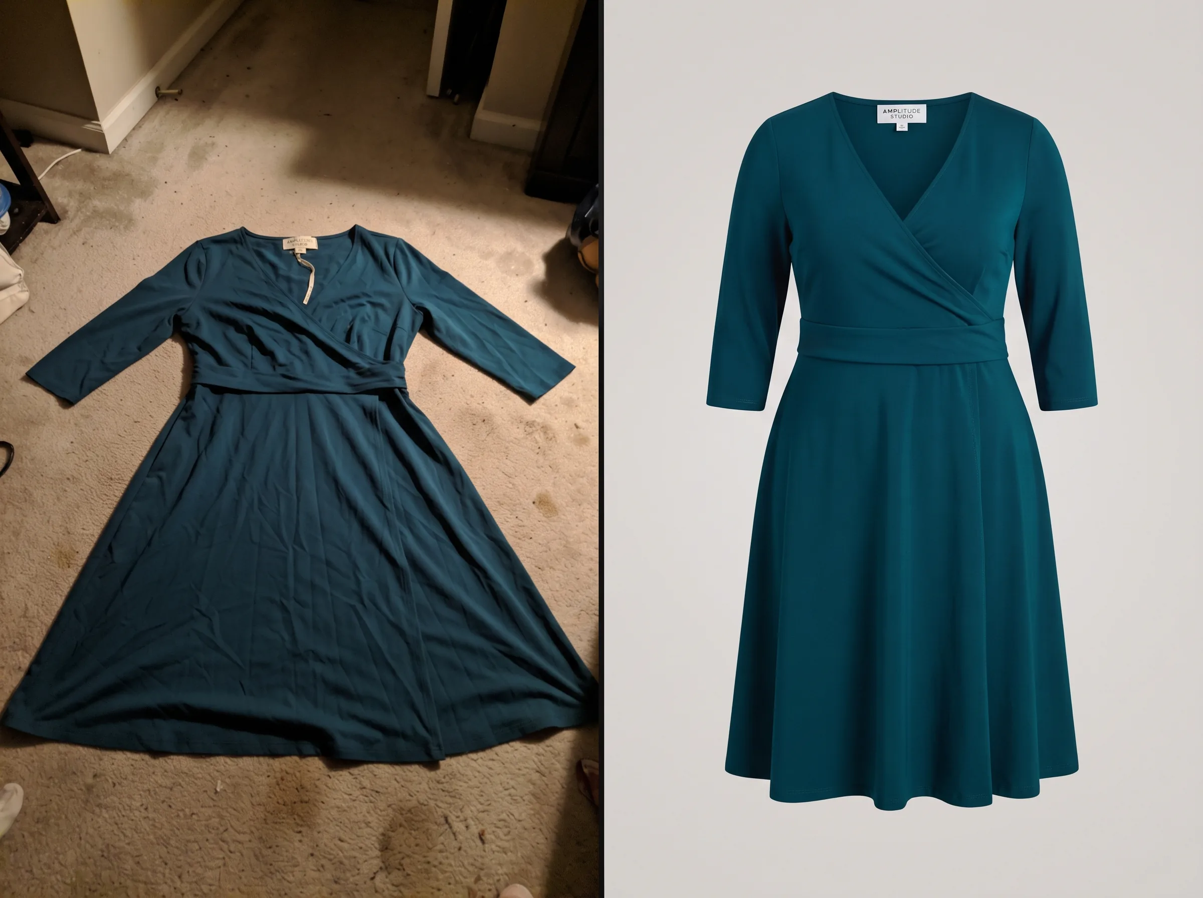 Before and after transformation of a plus-size fashion (A-line dress) product photo using Scalio AI