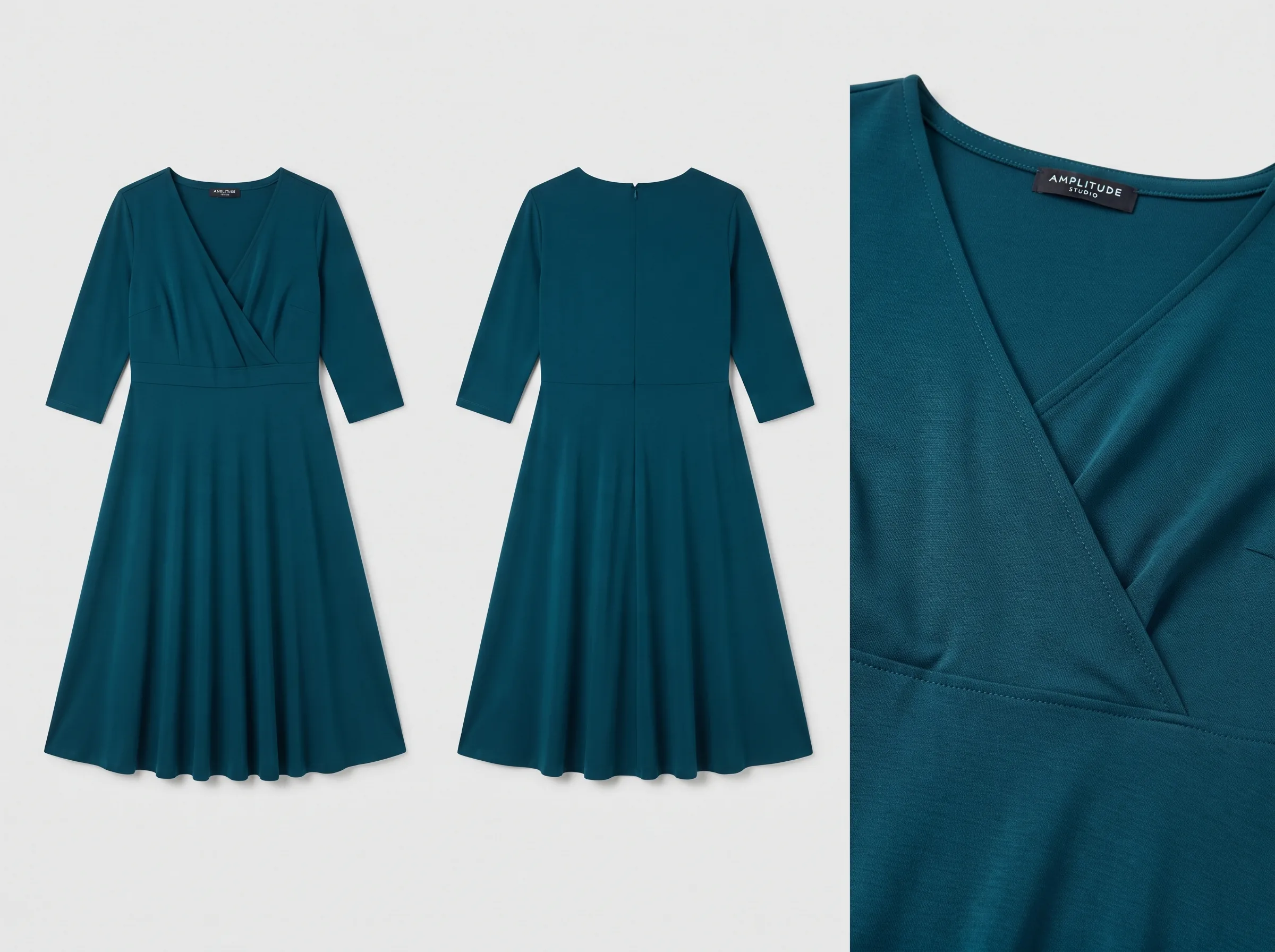 Multiple AI-generated angles of a plus-size fashion (A-line dress) showing fabric texture and construction detail