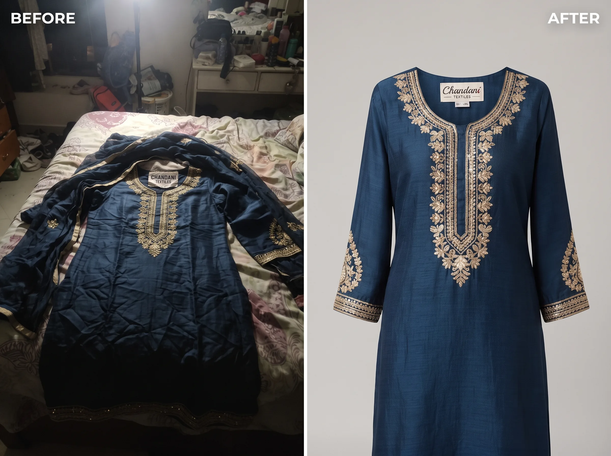 Before and after transformation for an embroidered salwar suit set