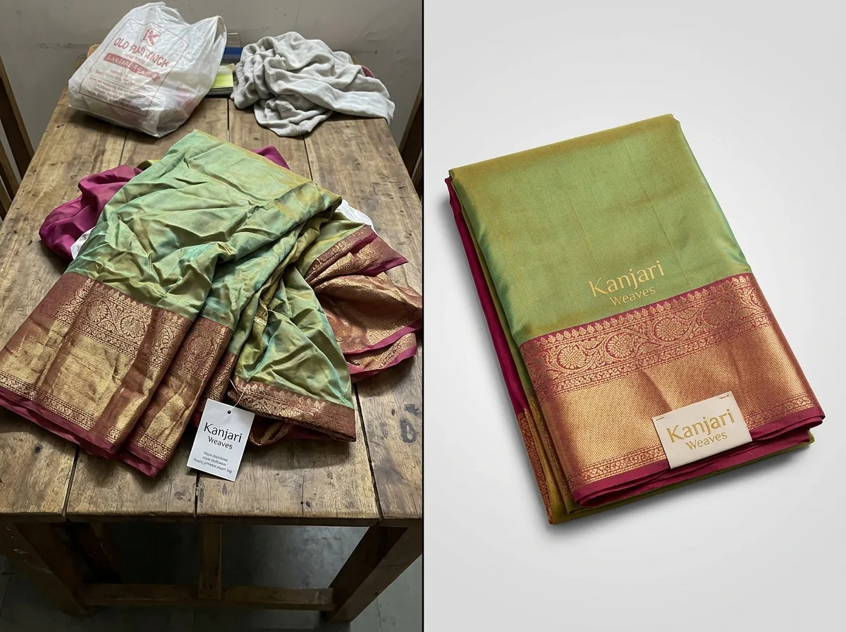 Before and after transformation for a silk saree with a zari border