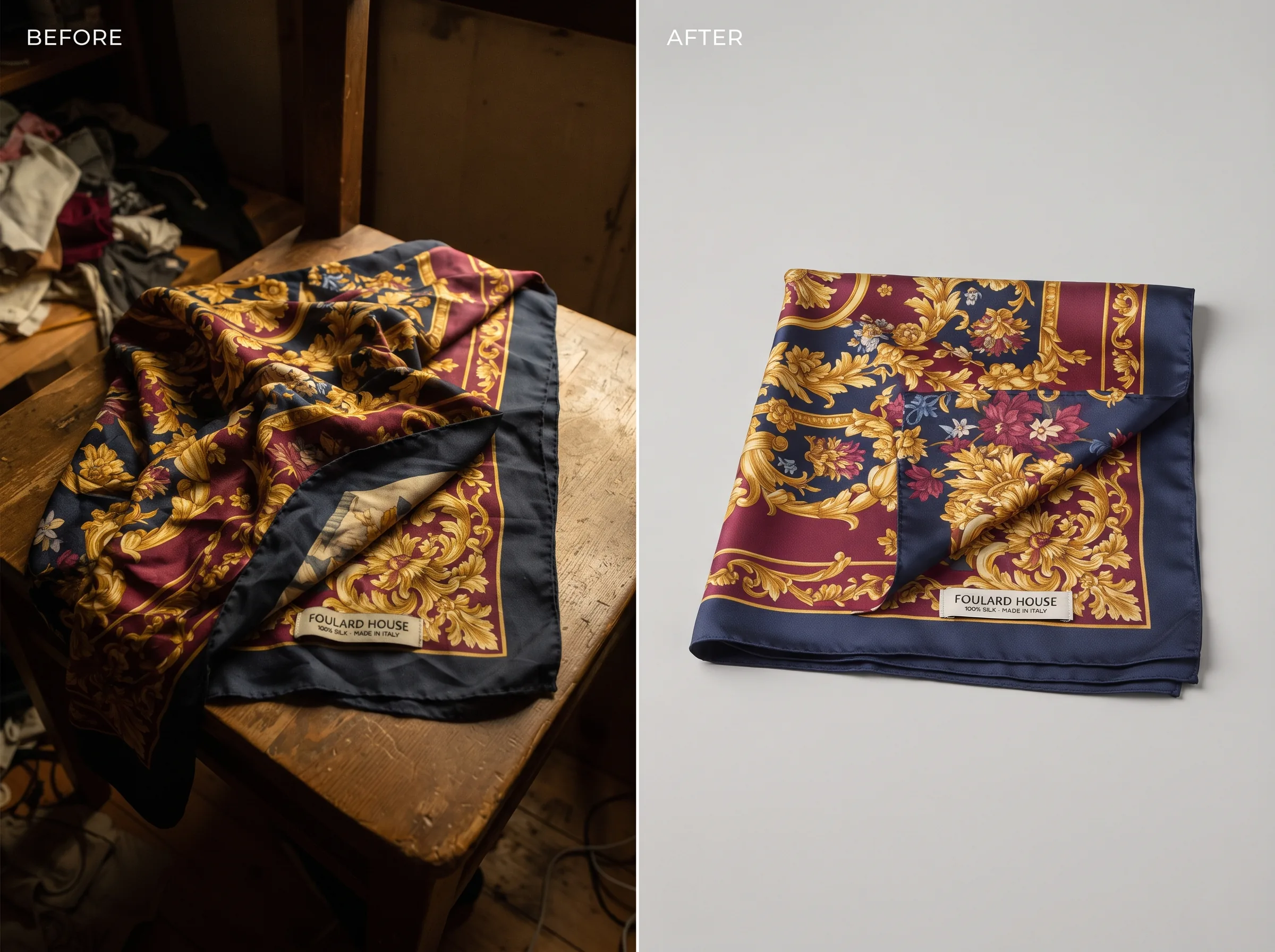 Before and after transformation for a printed silk scarf