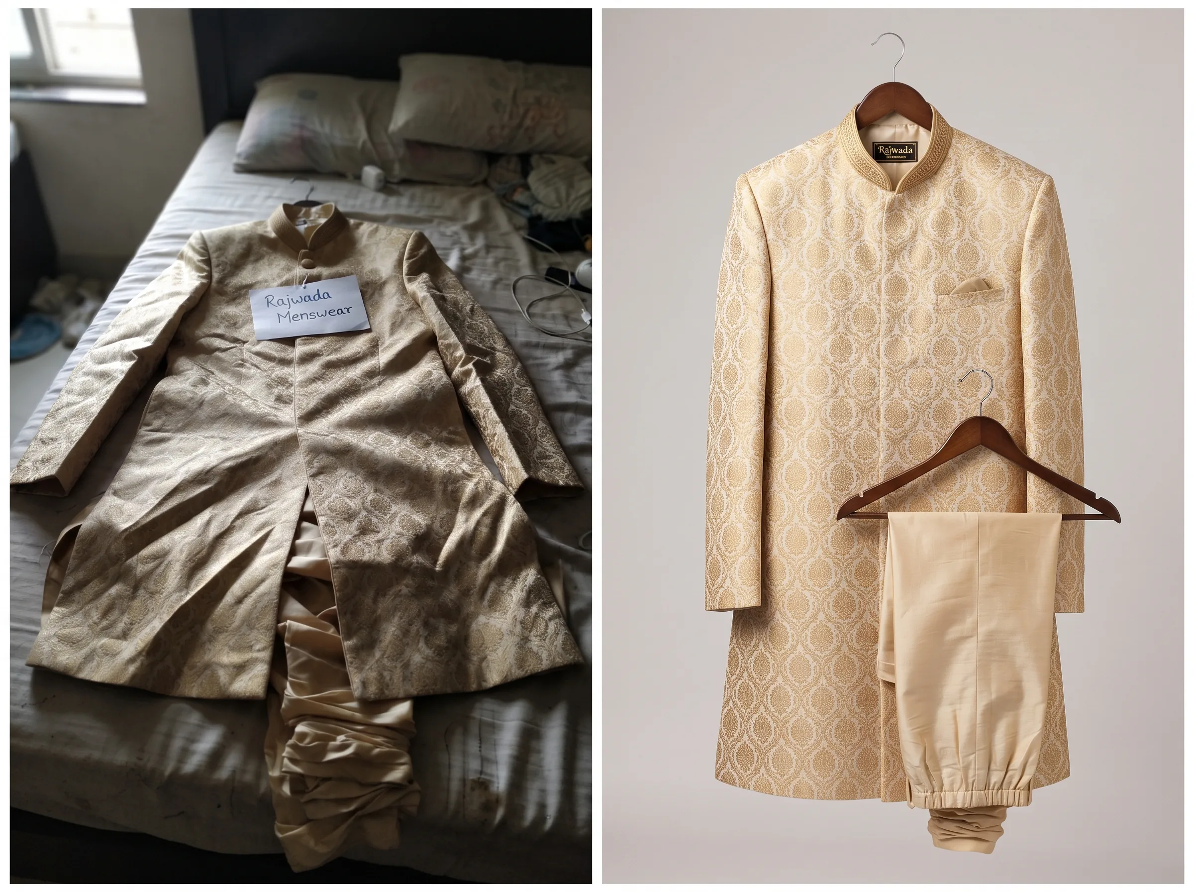 Before and after transformation of a sherwani product photo using Scalio AI