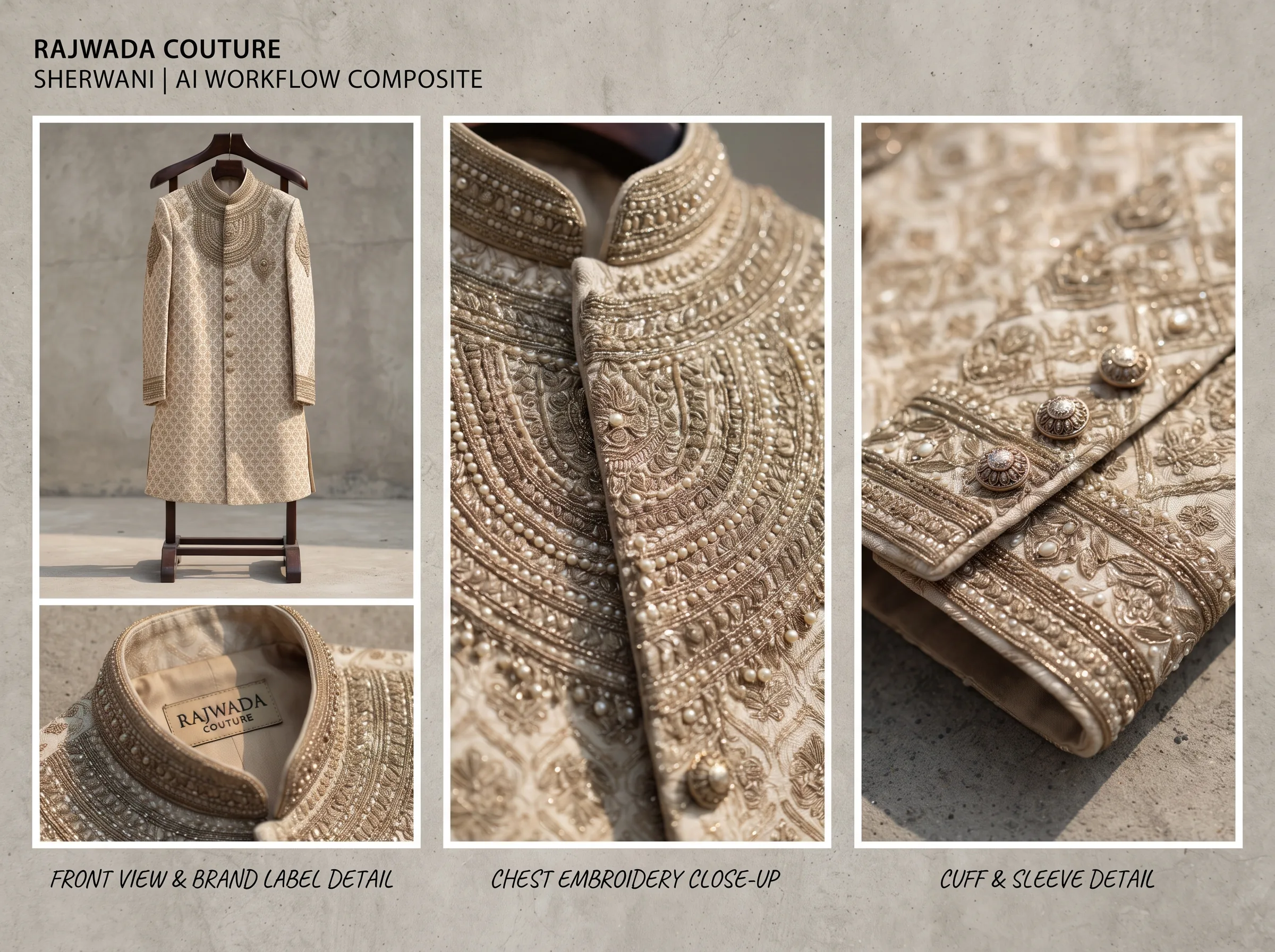 Multiple AI-generated angles of a sherwani showing fabric texture and construction detail