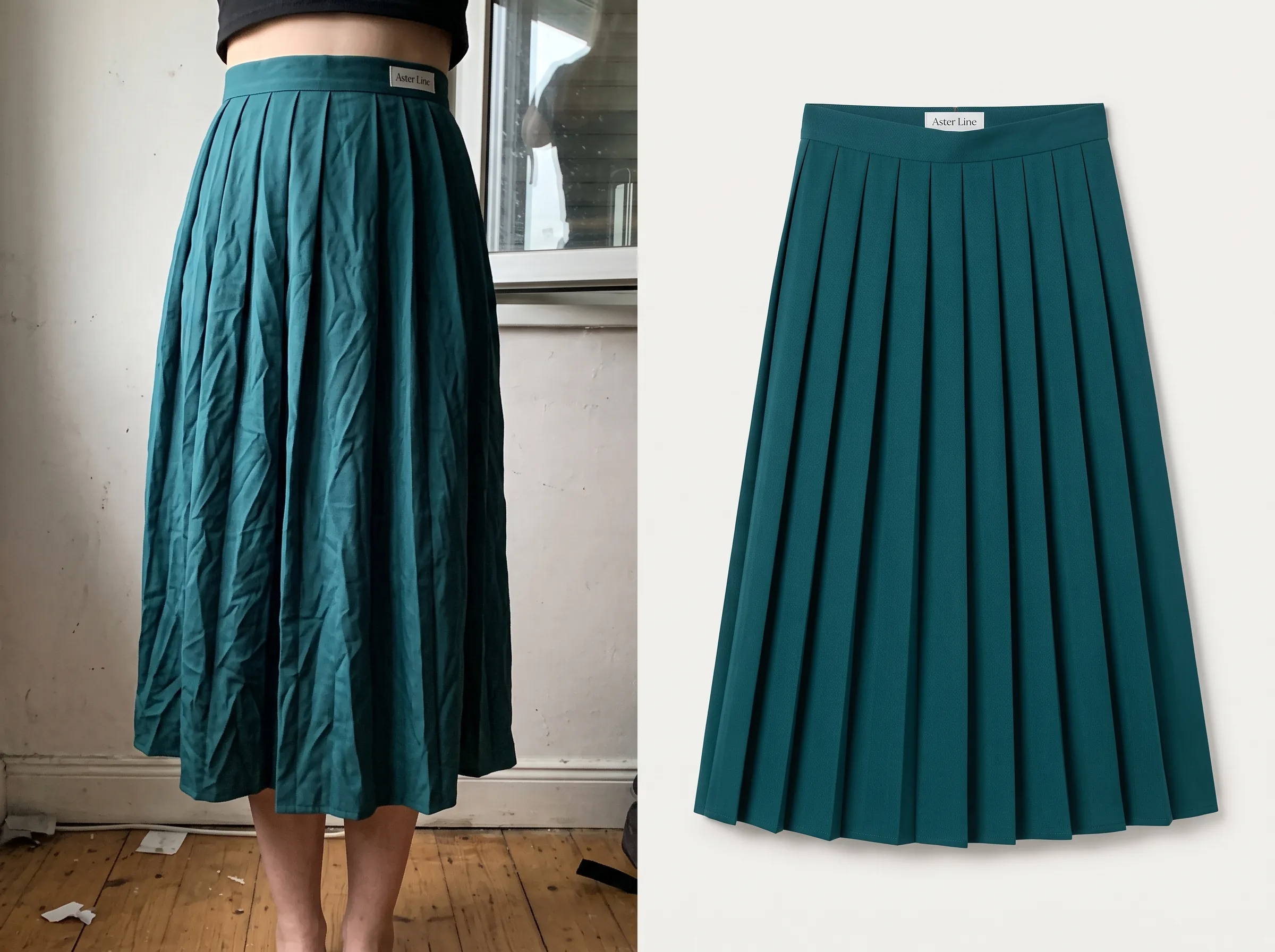 Before and after transformation for a pleated midi skirt