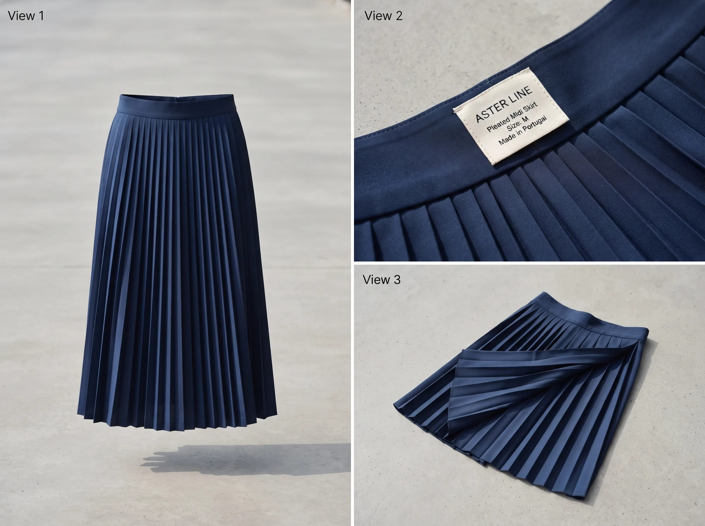 AI-generated workflow visual for a pleated midi skirt