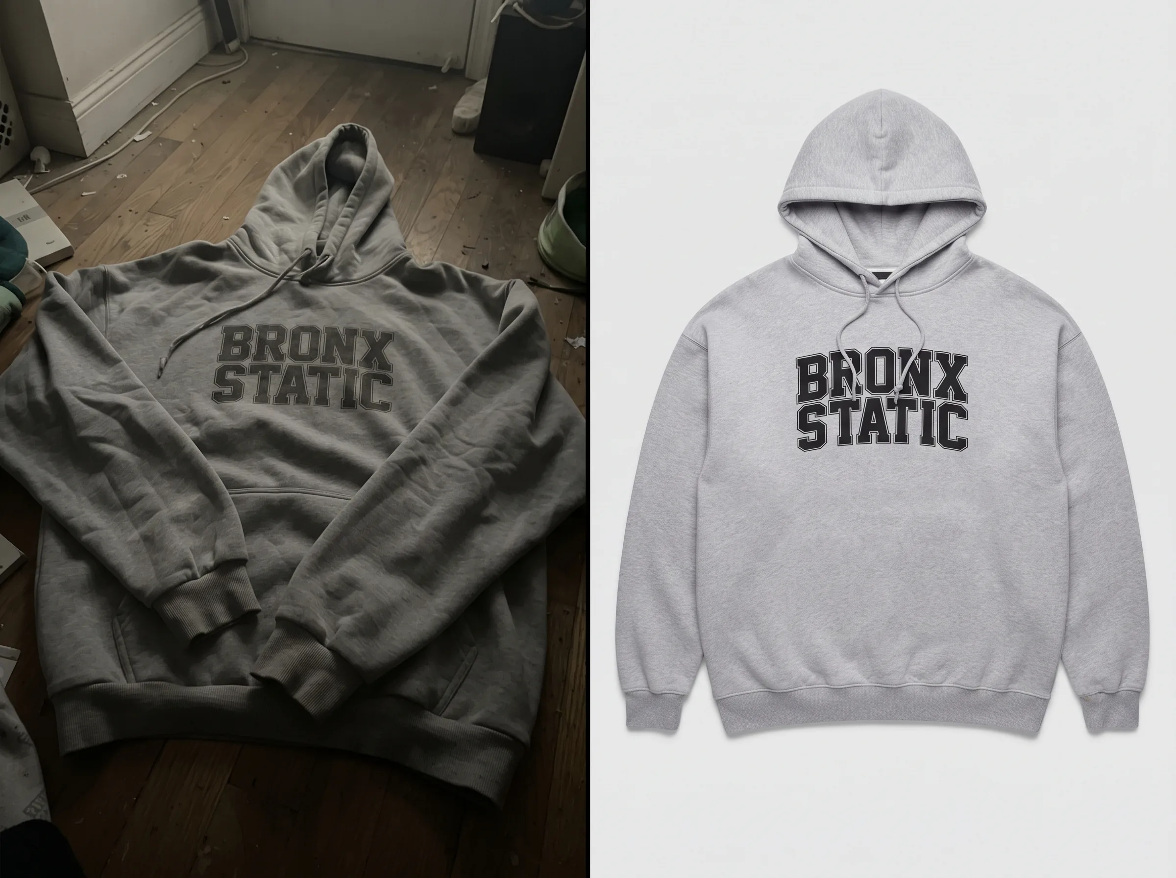 Before and after transformation for an oversized graphic hoodie
