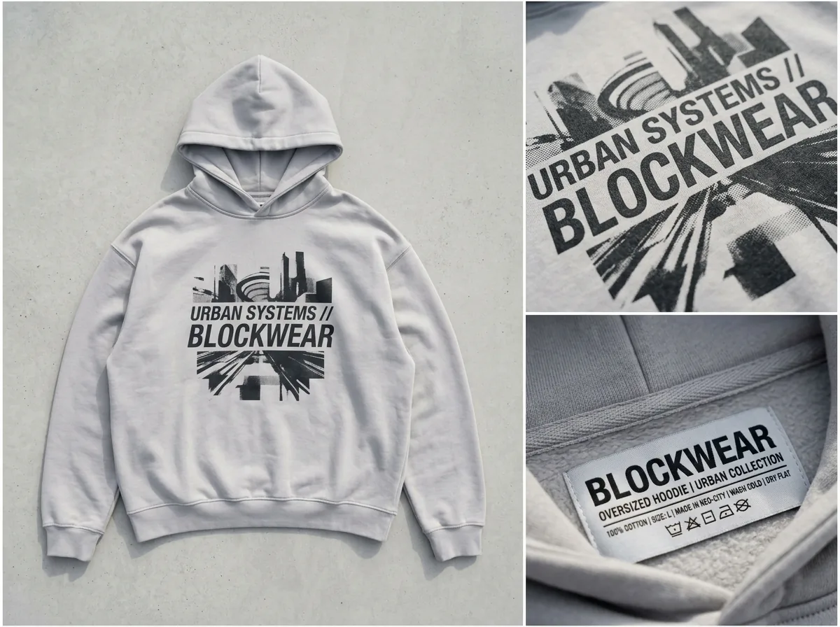 AI-generated workflow visual for an oversized graphic hoodie