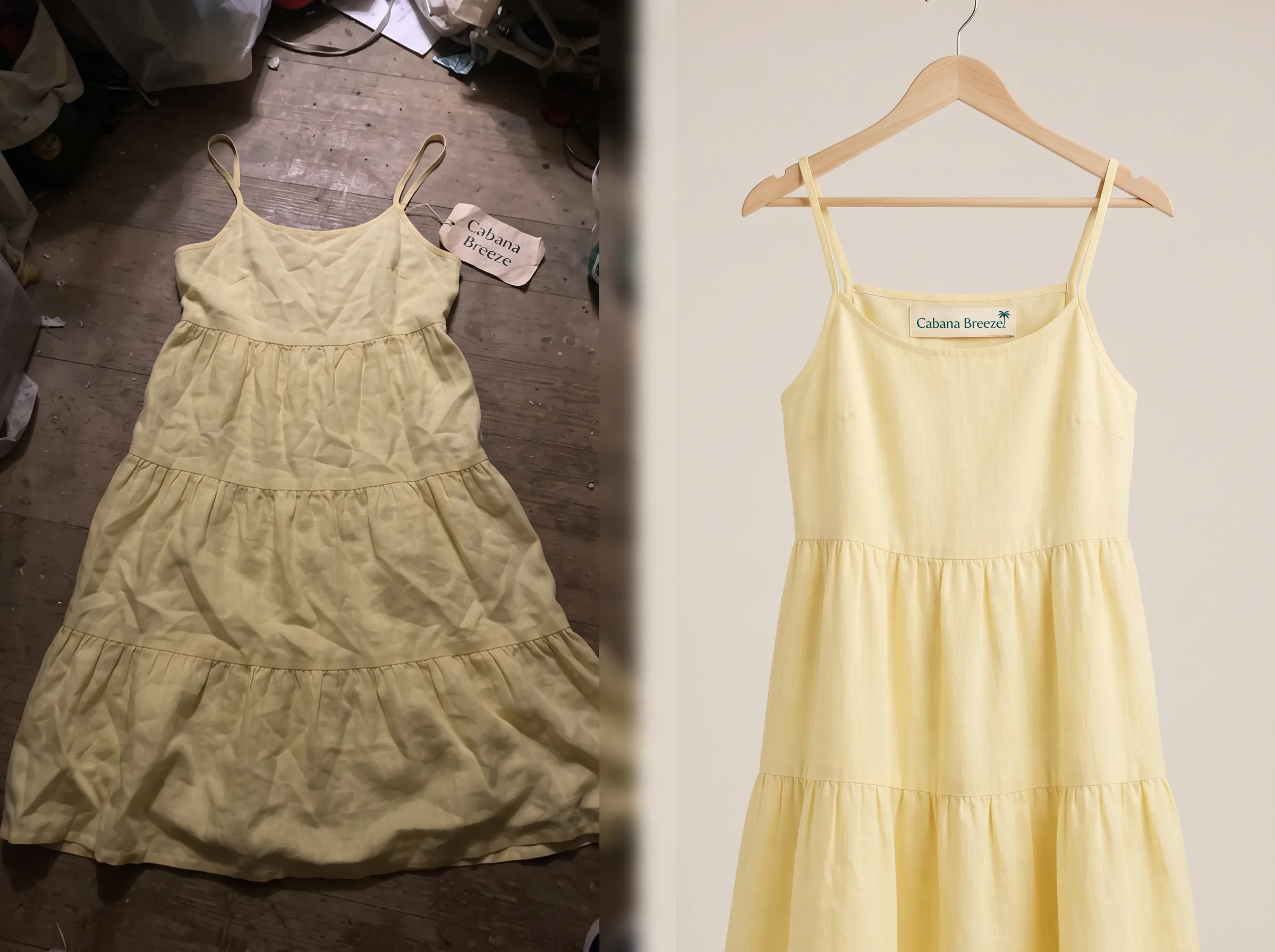 Before and after transformation of a summer wear (linen sundress) product photo using Scalio AI