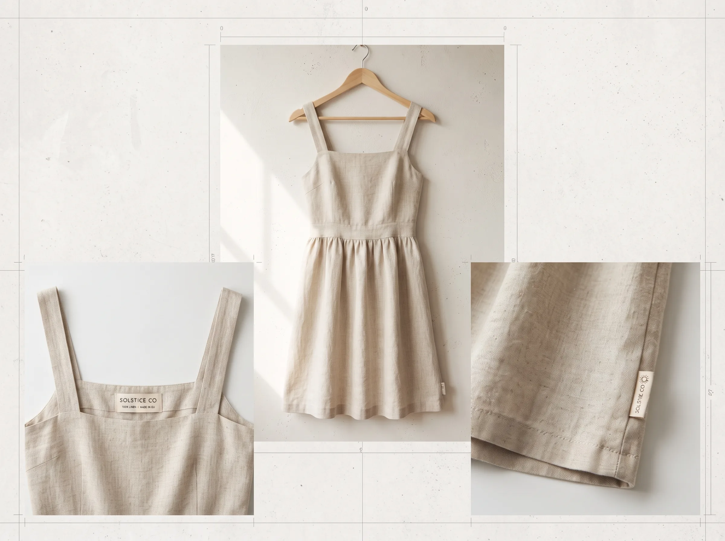 Multiple AI-generated angles of a summer wear (linen sundress) showing fabric texture and construction detail