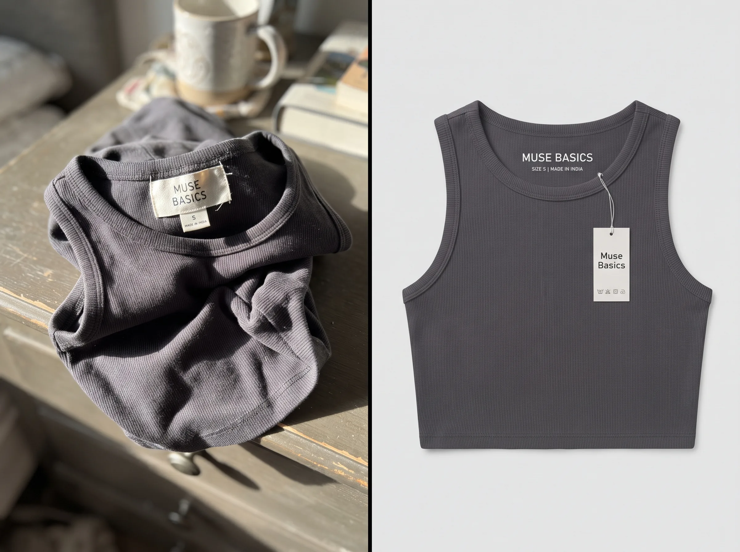 Before and after transformation of a top product photo using Scalio AI