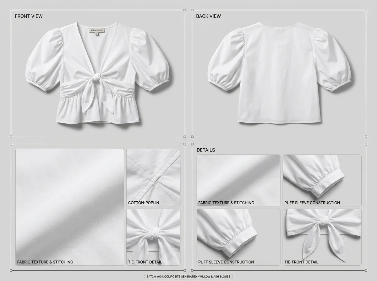 Multiple AI-generated angles of a top showing fabric texture and construction detail