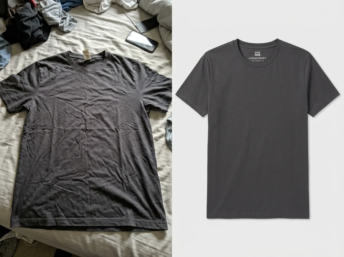 Before and after transformation of a t-shirt product photo using Scalio AI