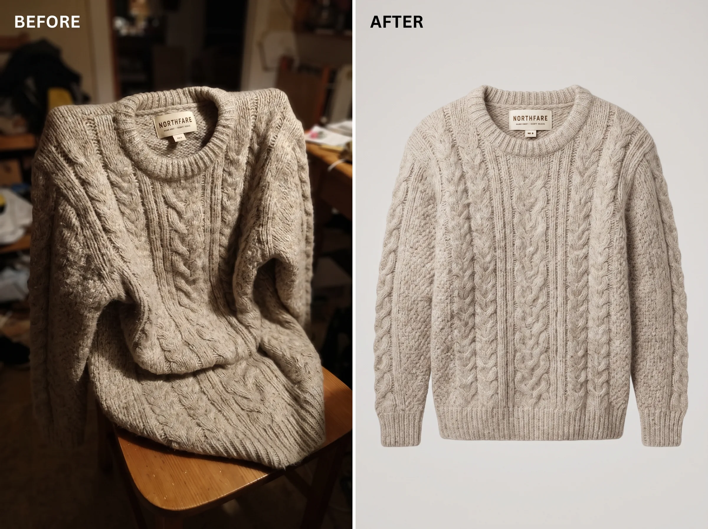 Before and after transformation for a chunky knit wool sweater