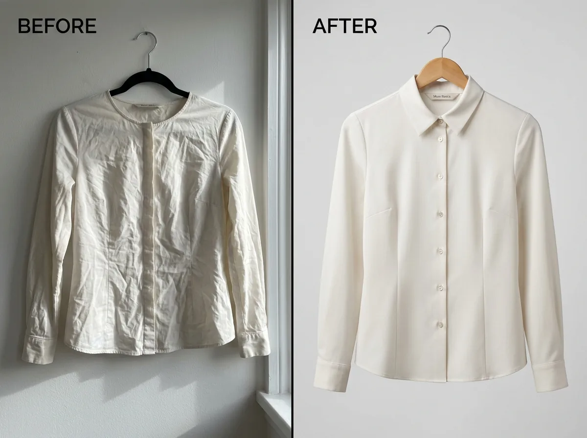 Before and after transformation of a womenswear (fitted blouse) product photo using Scalio AI