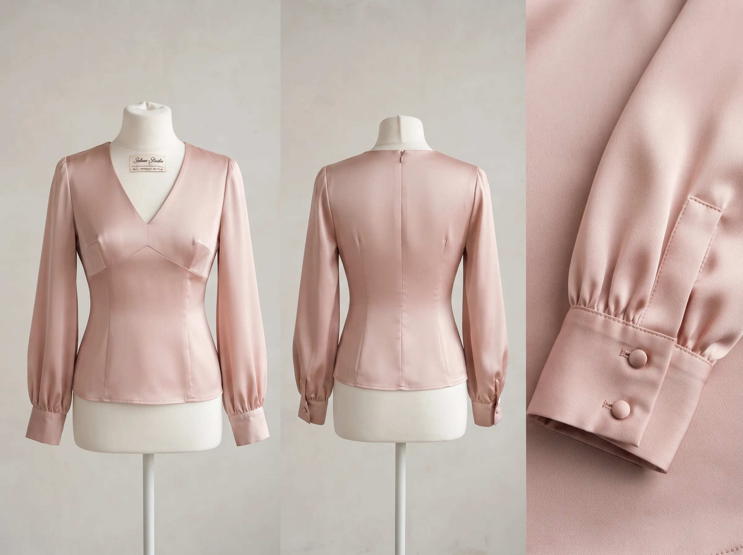 Multiple AI-generated angles of a womenswear (fitted blouse) showing fabric texture and construction detail