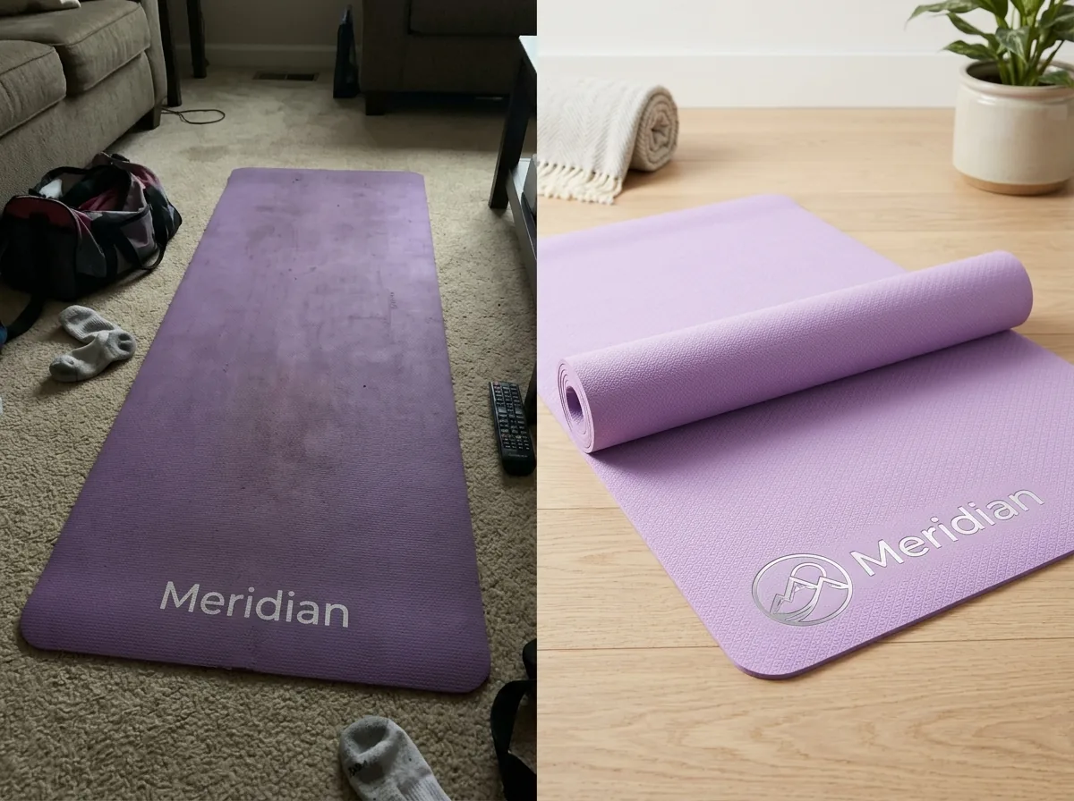 Before and after transformation for a fitness gear catalog