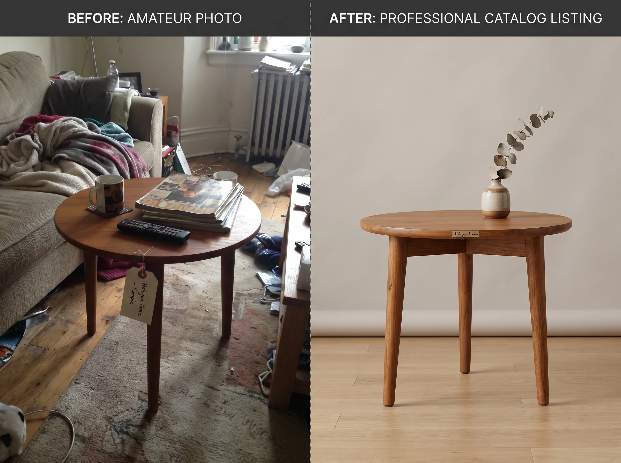 Before and after transformation for a furniture catalog listing