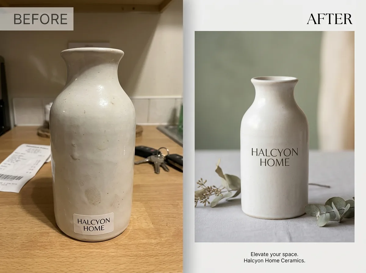 Before and after transformation for a home decor catalog