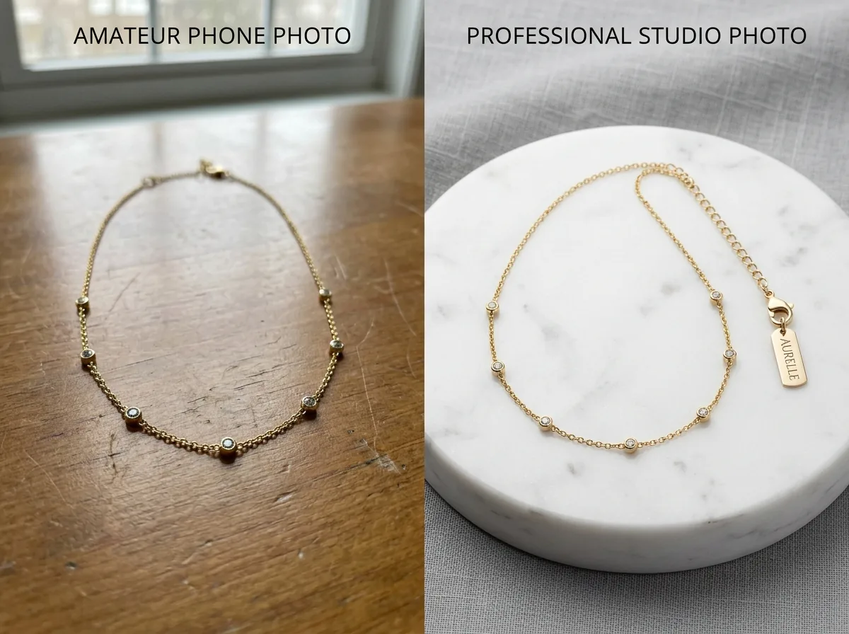 Before and after transformation for a jewelry brand catalog