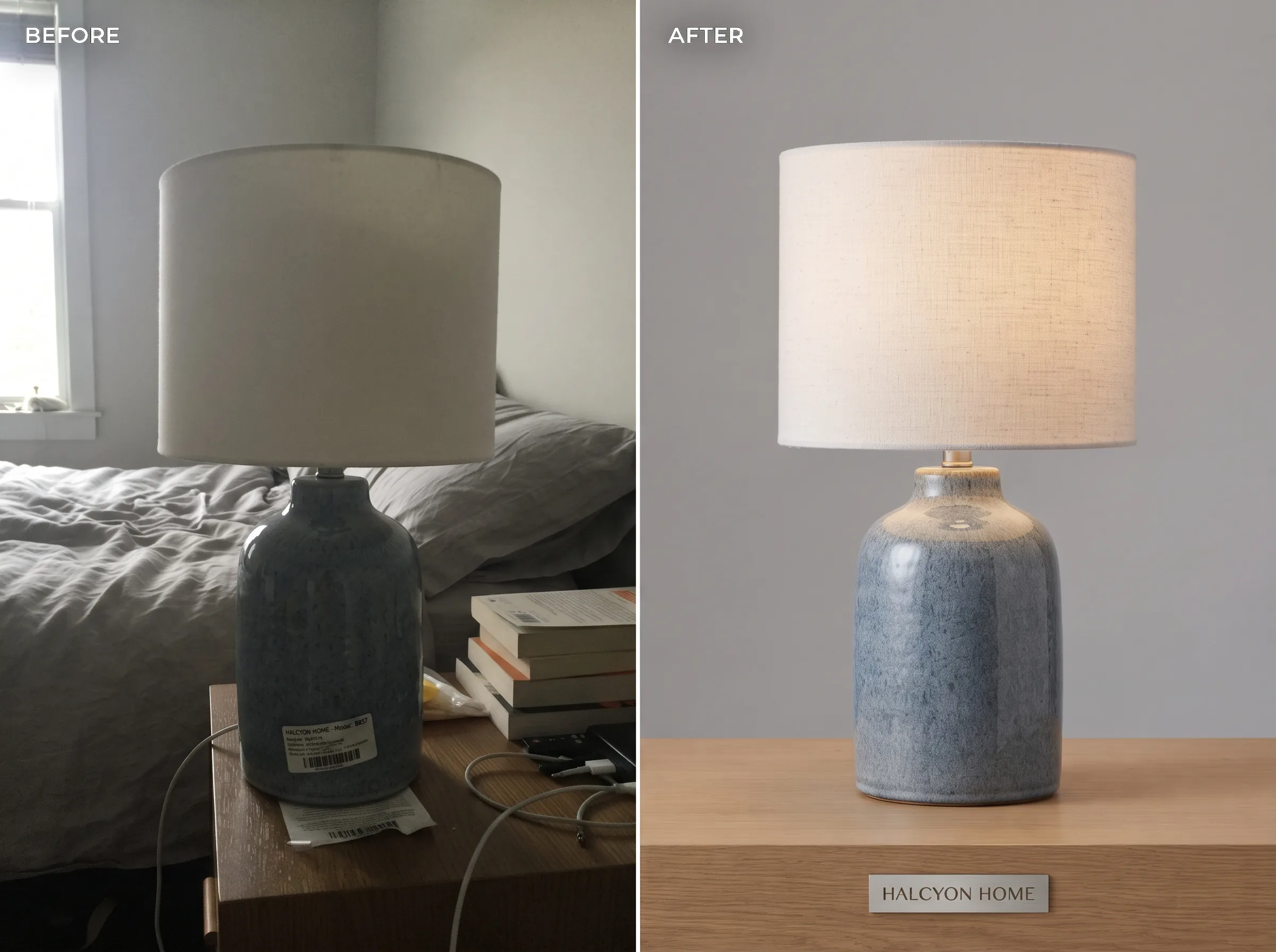 Before and after transformation for a lighting brand catalog