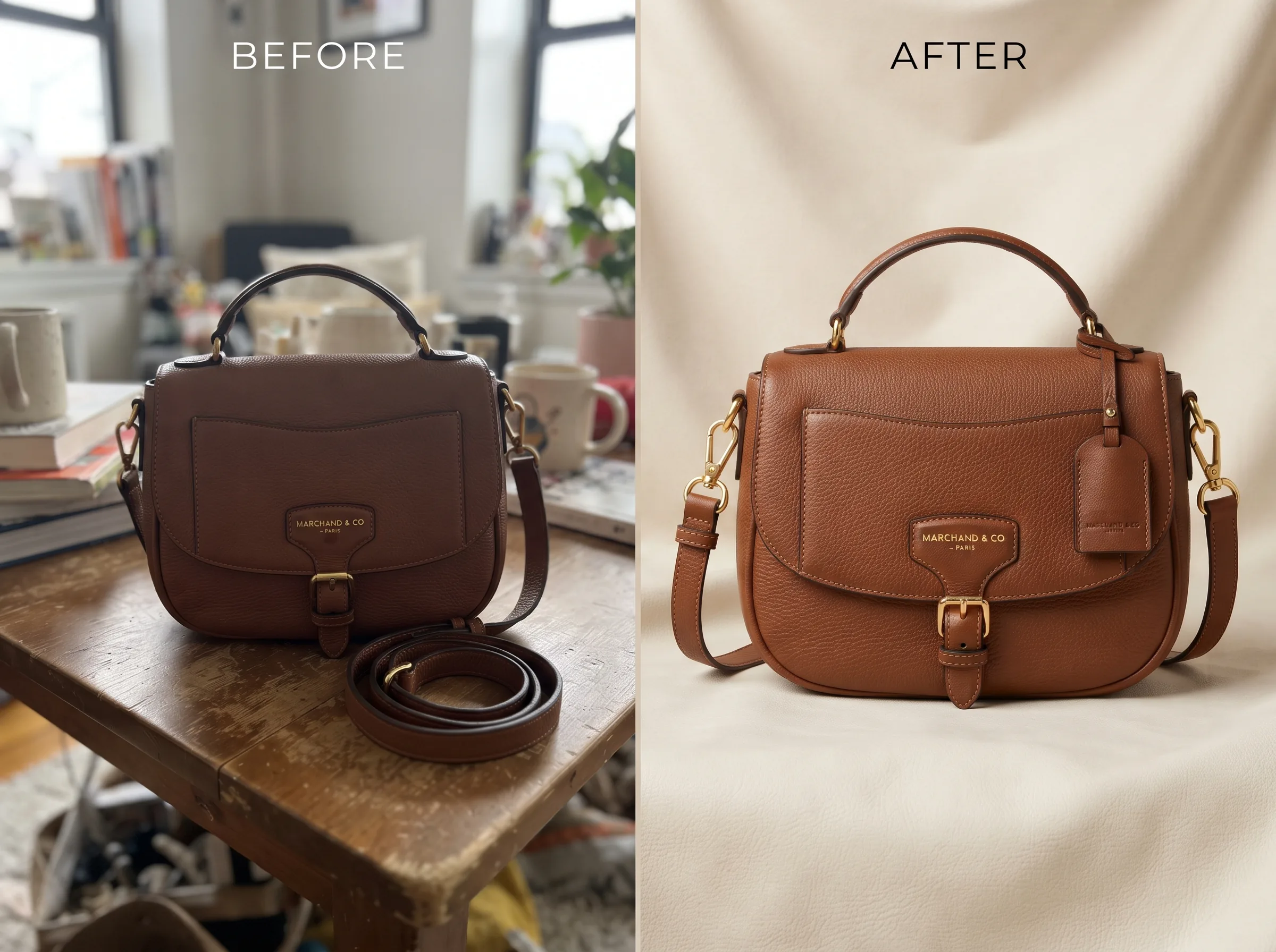 Before and after transformation for a luxury fashion editorial shot