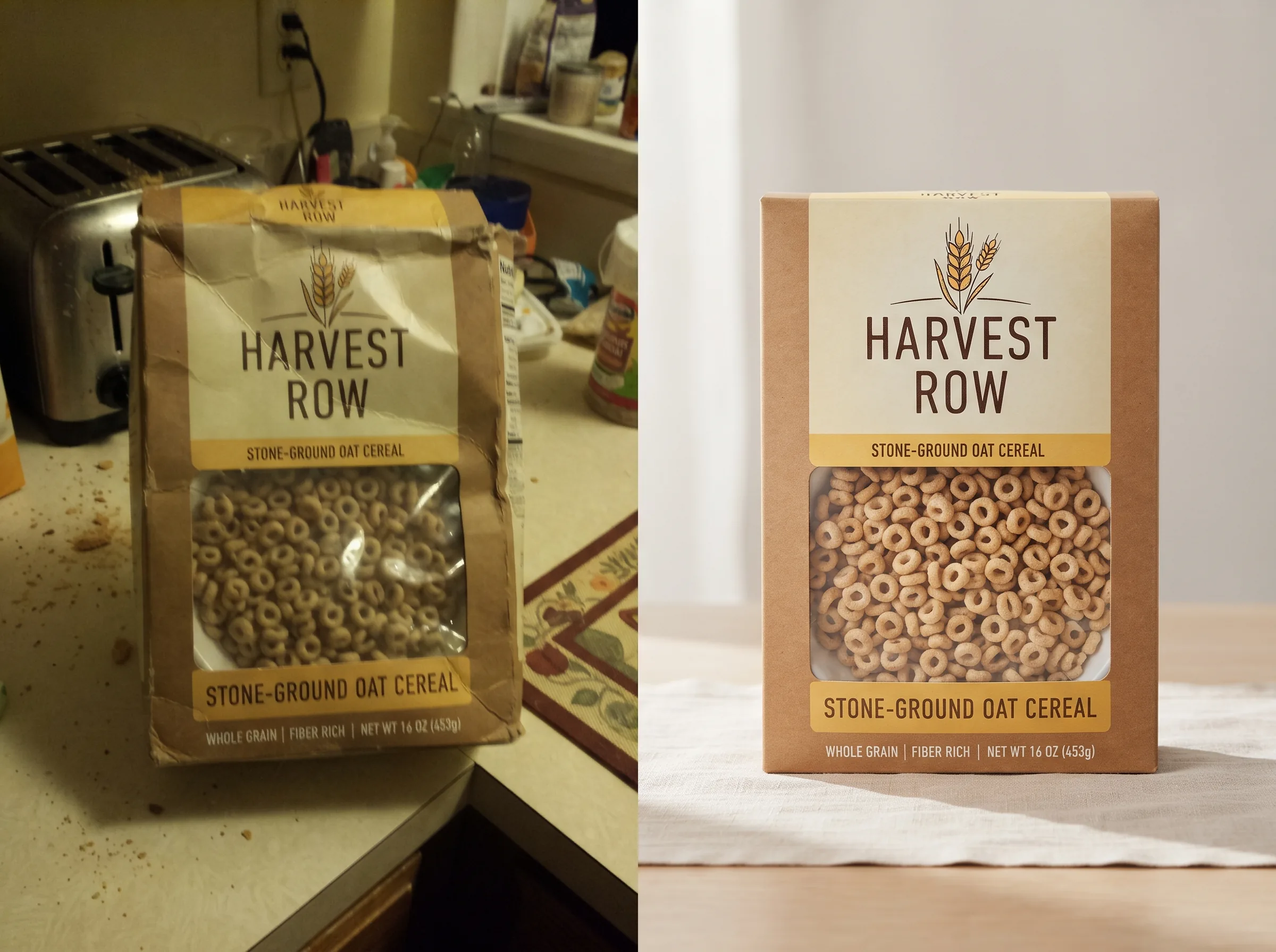 Before and after transformation for a packaged consumer goods shot