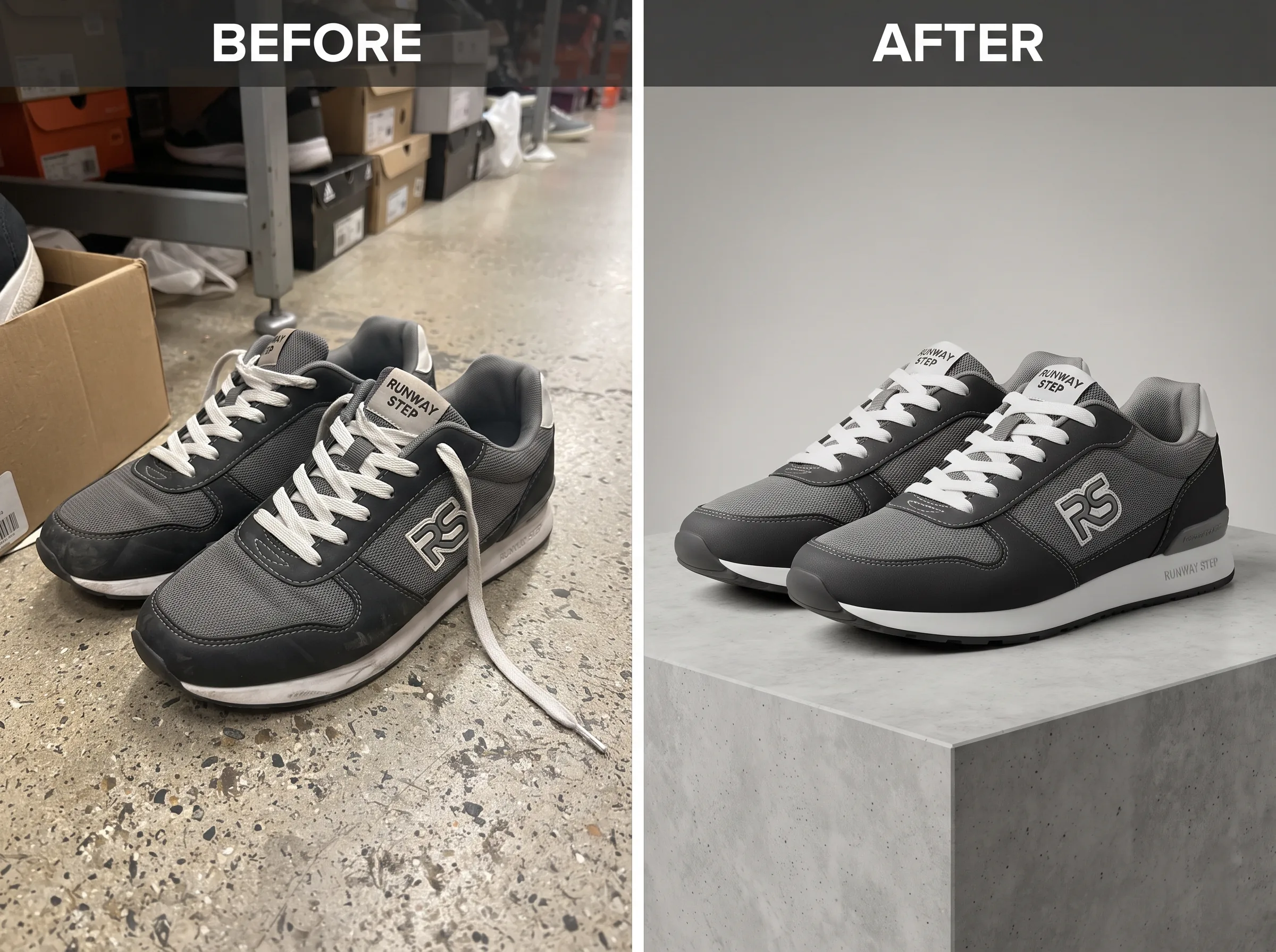 Before and after transformation for a retail store product shot