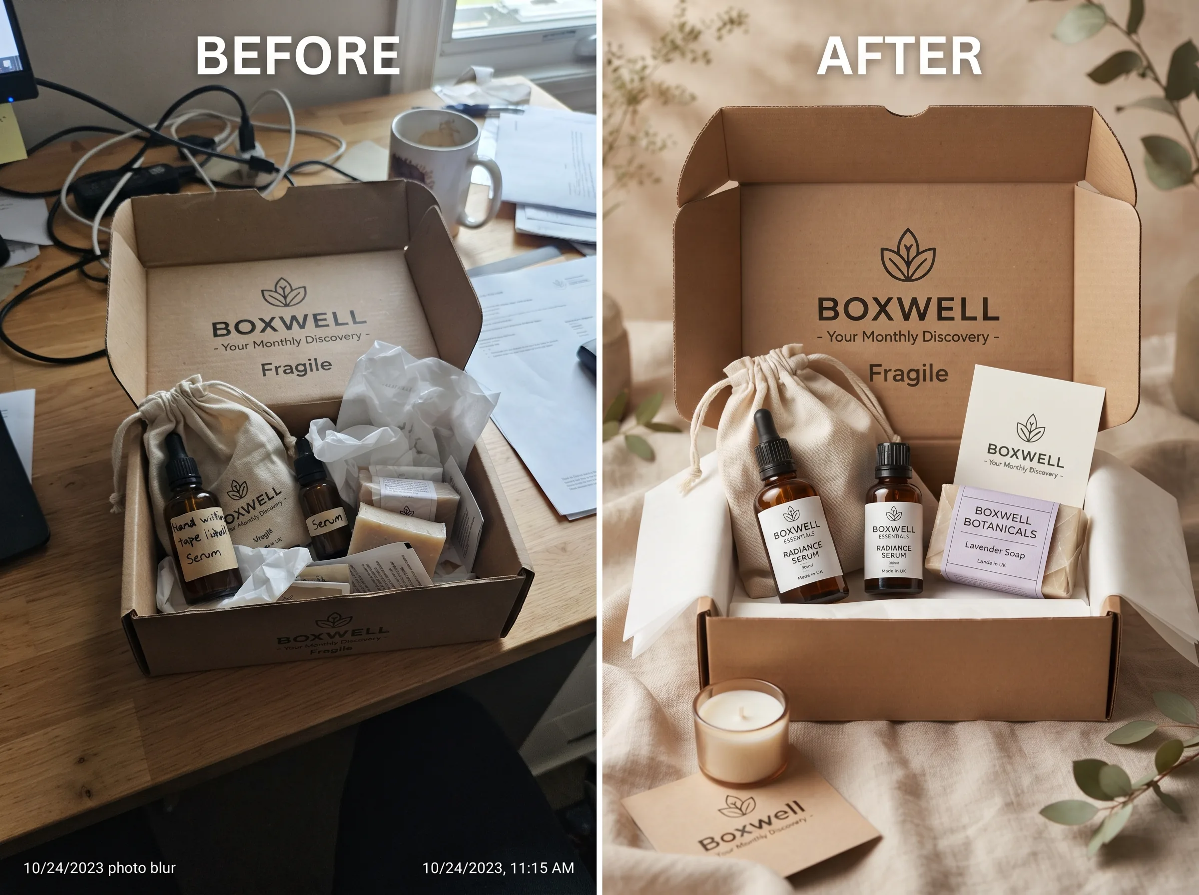 Before and after transformation for a subscription box brand shot