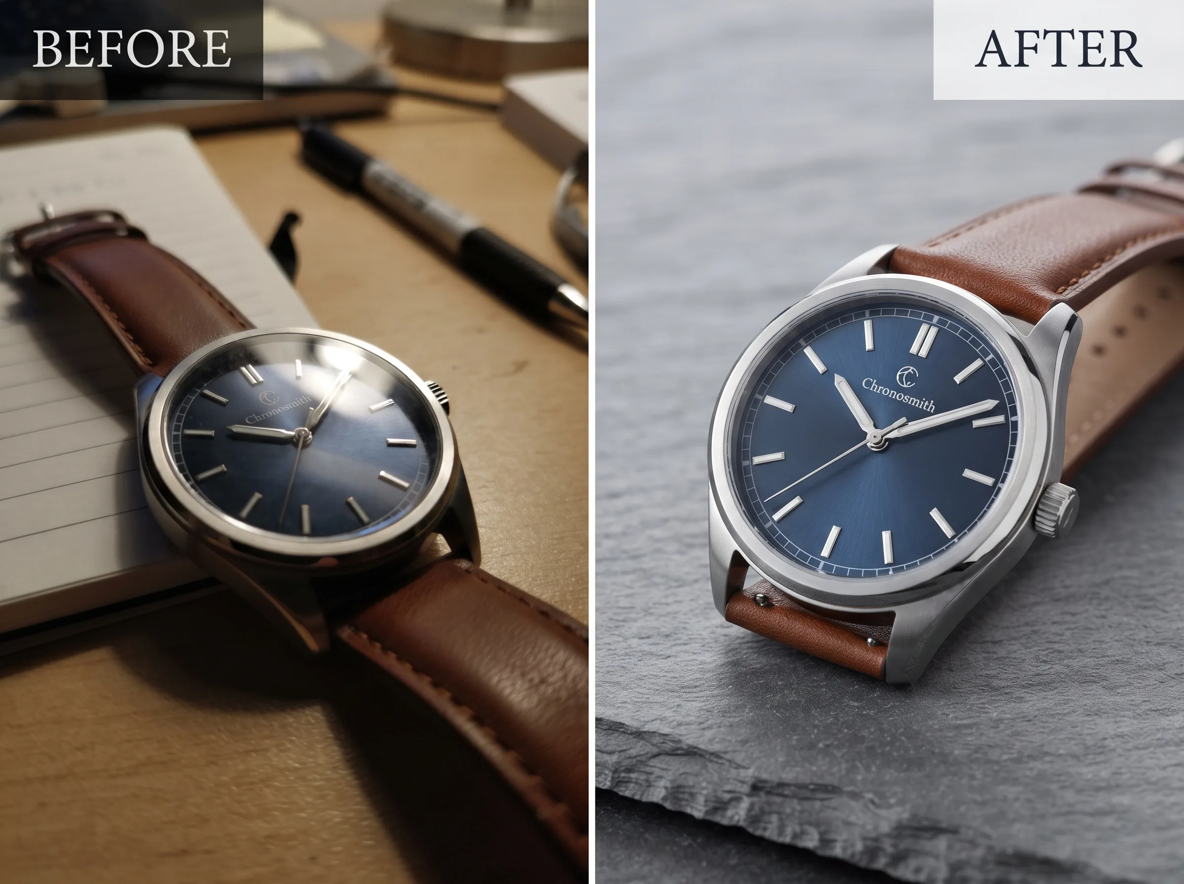 Before and after transformation for a watch brand catalog